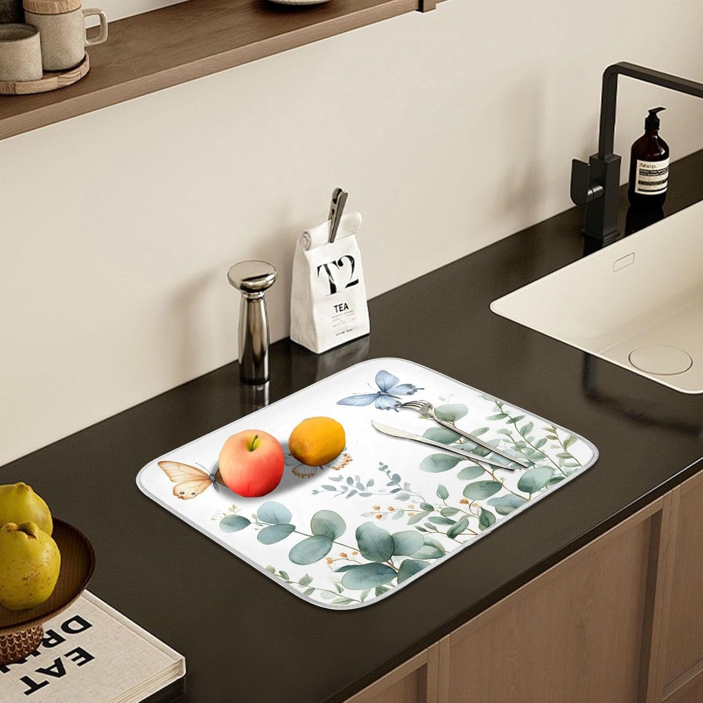 Spring Eucalyptus Green Leaf Dish Drying Mat for Kitchen Counter Absorbent Microfiber Small Drying Pad Dish mats for Kitchen Countertops 16 x 18 Inch