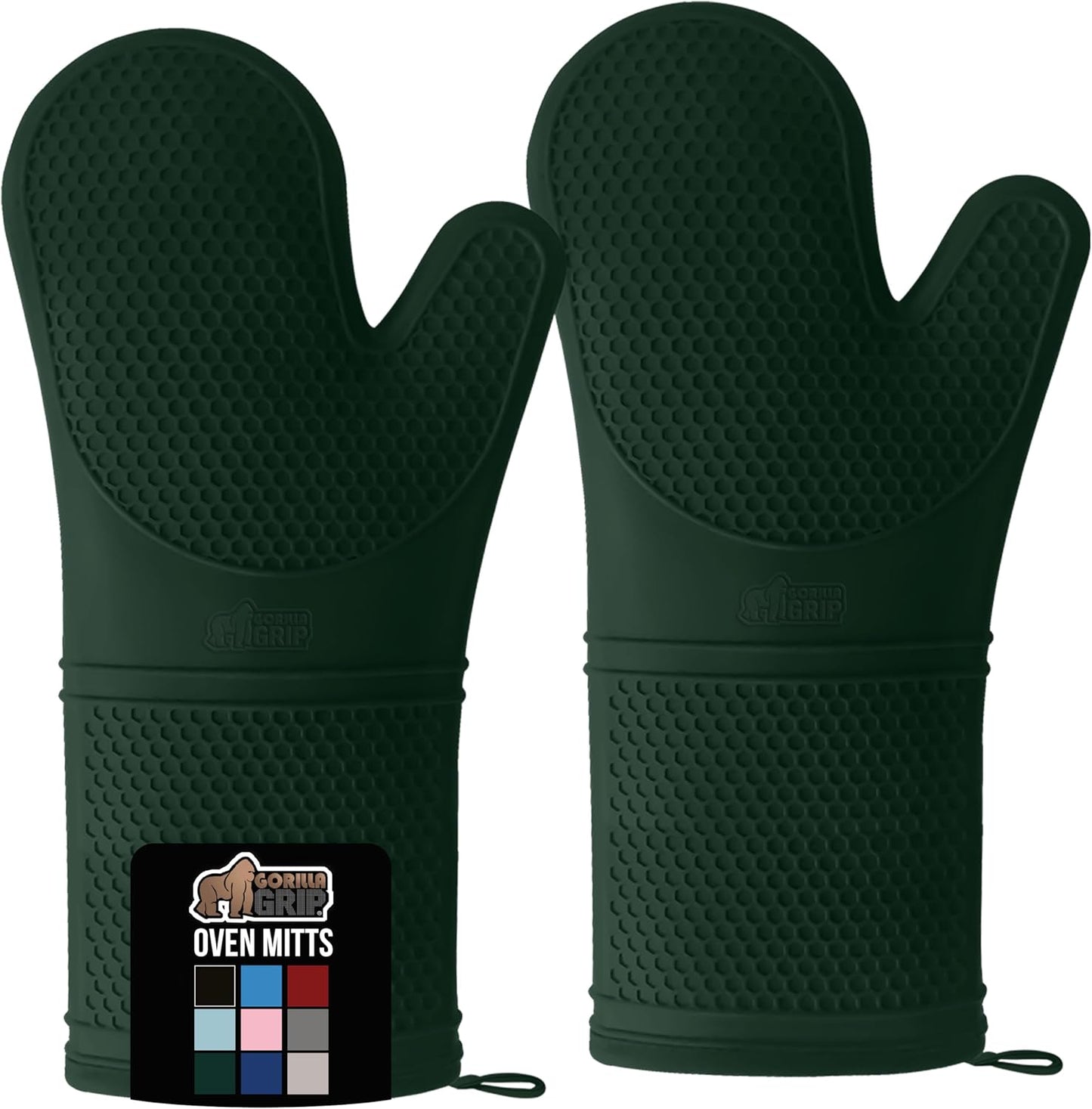 GORILLA GRIP BPA-Free Soft Silicone Oven Mitts, 14.5x8.3, Heat Resistant and Waterproof Cooking Gloves, Thick Cotton Lining, Flexible Gripping for Baking Grilling, Kitchen Potholders Set, Hunter Green