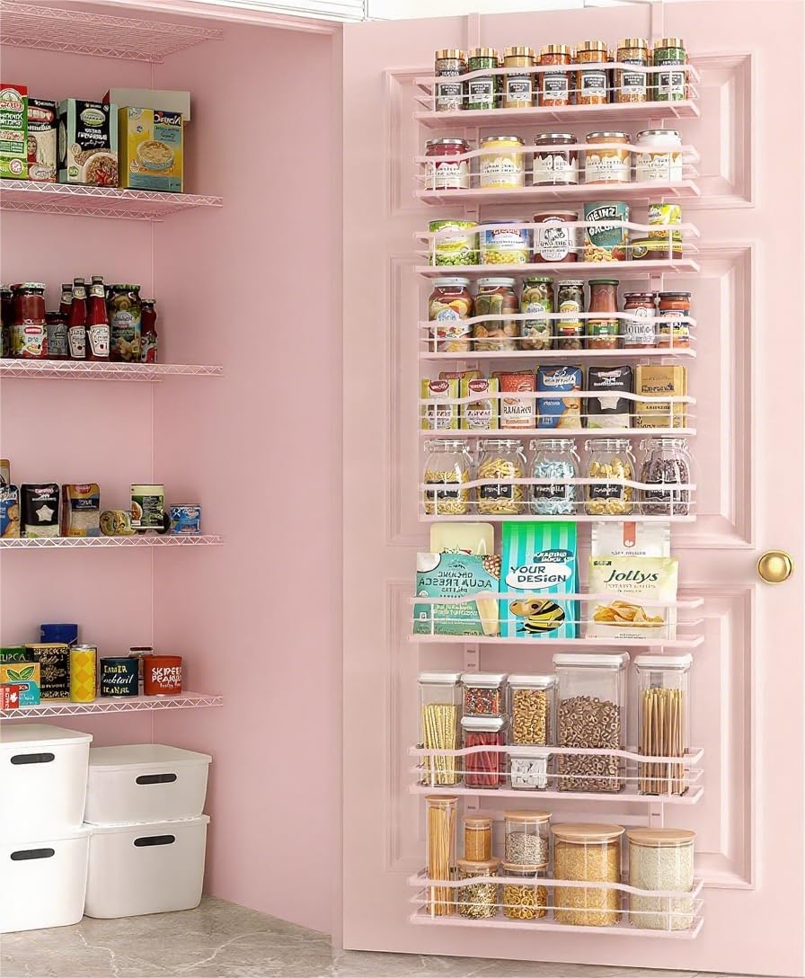 Moforoco Pink 9-Tier Over The Door Pantry Organizer, Pantry Organization and Storage, Black Hanging Basket Wall Spice Rack Seasoning Shelves