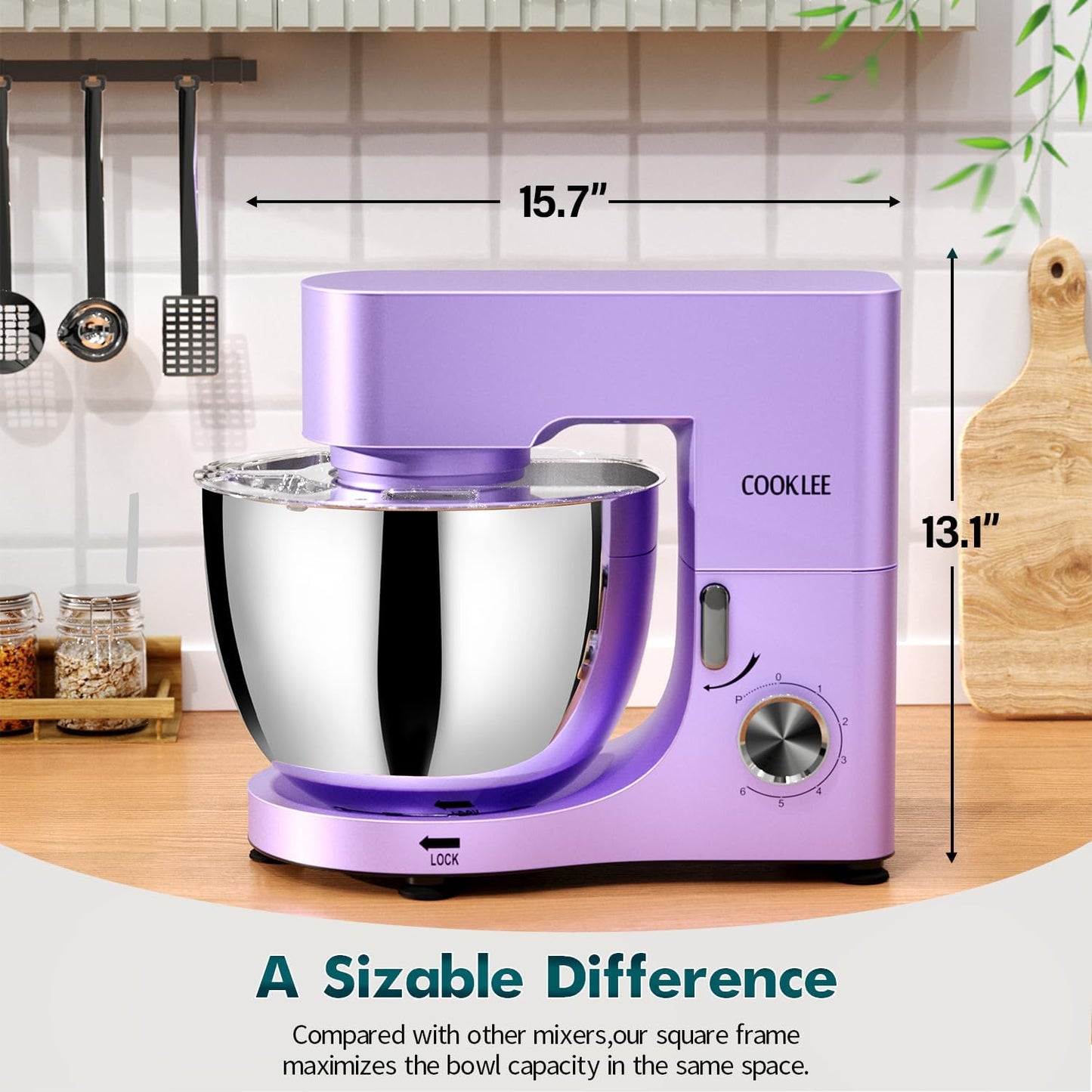 COOKLEE Stand Mixer, 9.5 Qt. 660W Electric Kitchen Mixer with Dishwasher-Safe Dough Hooks, Flat Beaters, Wire Whip & Pouring Shield Attachments for Most Home Cooks, Lavender
