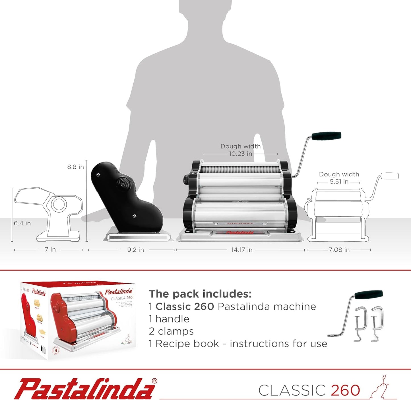 PASTALINDA Classic 260 Pasta Maker Machine, 26 cm Wide Rollers, 9 Thickness Positions, 2 Cutting Positions, Stainless Steel. Includes Reinforced Hand Crank And Two Clamps (Black)