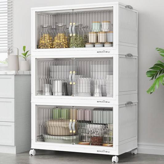 300Qt Stackable Storage Bins with Lid, Extra Large Closet Organizer Collapsible Drawer Boxes with Wheels, Folding Plastic Cabinet Containers for Home Kitchen Room Organization, 3Pack White