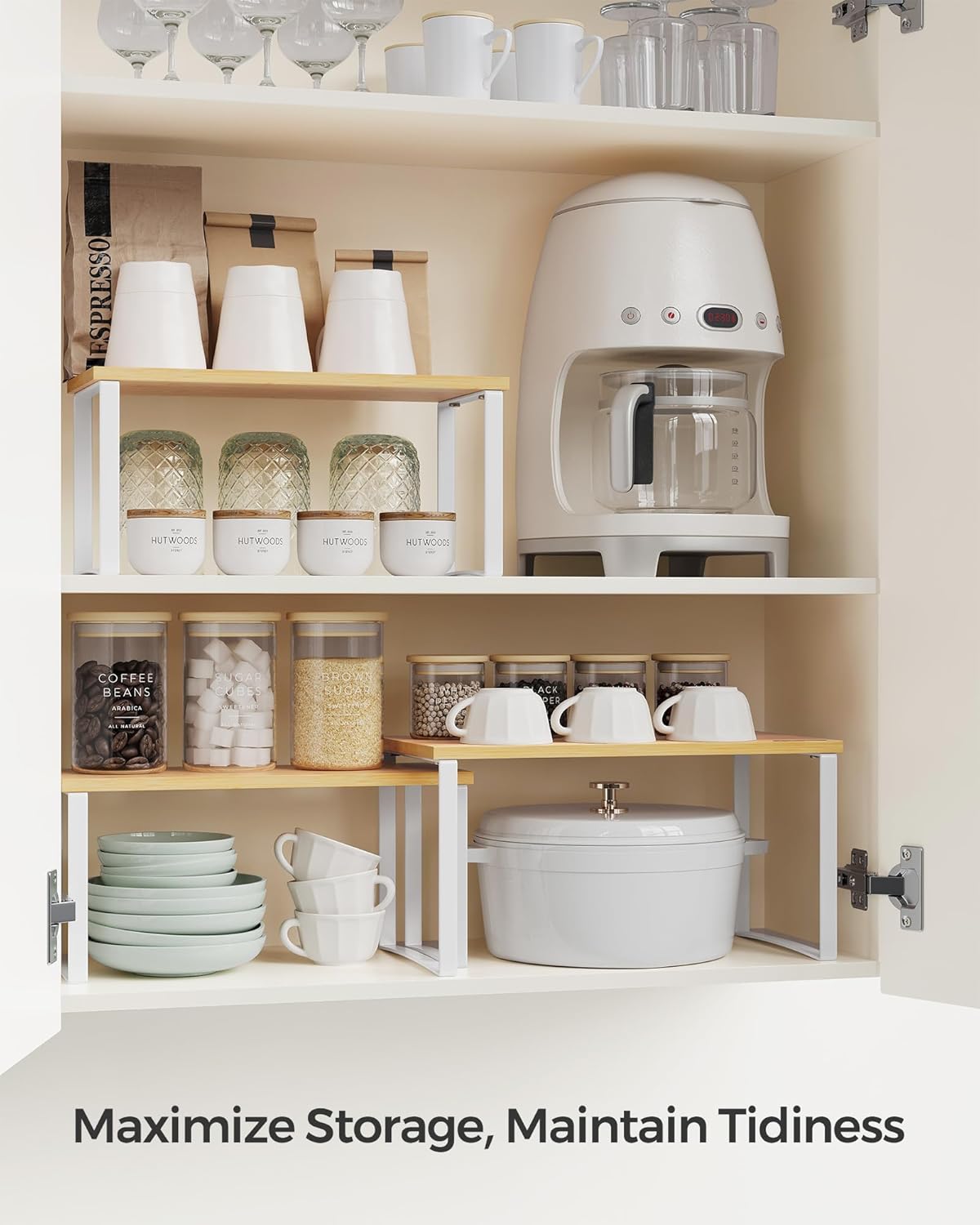 SONGMICS Cabinet Organizer Shelf, Set of 3 Kitchen Counter Shelves, Kitchen Storage, Spice Rack, Stackable, Expandable, Cloud White and Natural Beige UKCS014W01