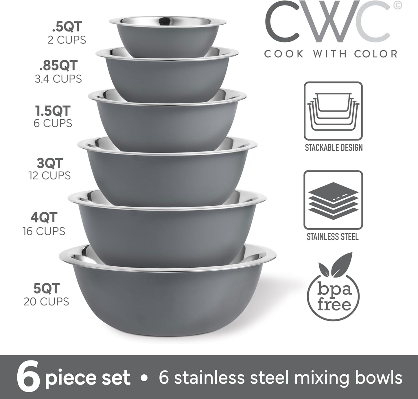 COOK WITH COLOR Stainless Steel Mixing Bowls Set - Nesting Bowls, 6 Pieces, Grey