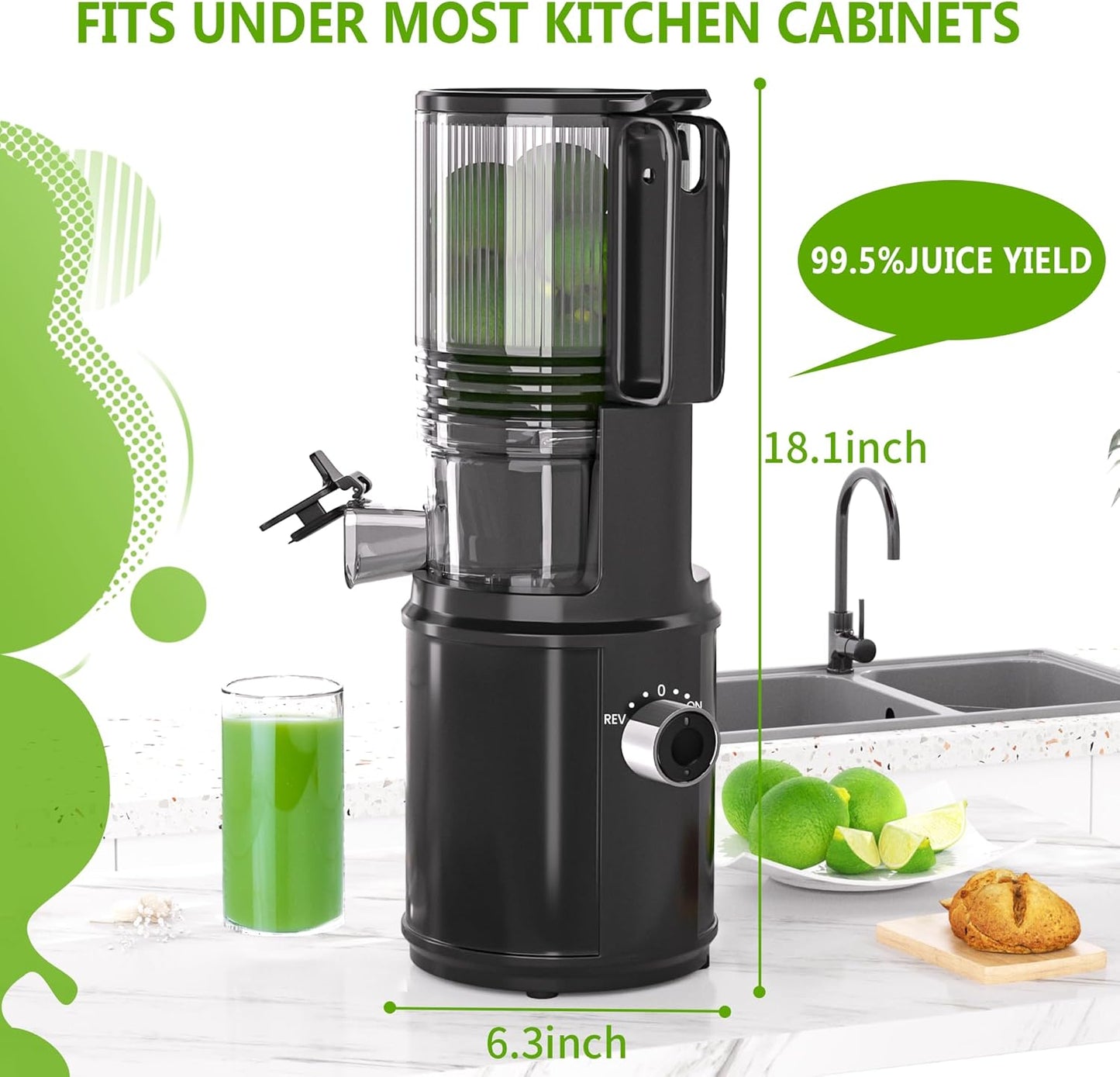 Cold Press Juicer – Hands-Free Electric Masticating Juicer Machine with 6.5" Large Feed Chute, 350W Masticating Juicer Machine For More Juice, Less Pulp, High Juice Yield – Easy Cleanup & Assembly