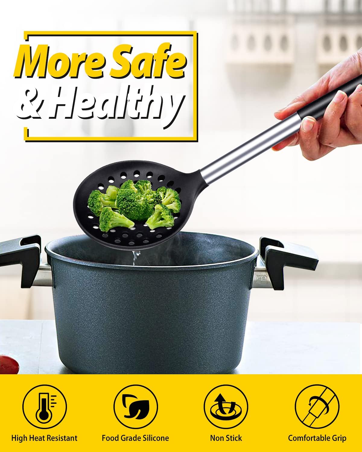 Kitchen Ladle Strainer Set of 2 Large Slotted Spoon with High Heat Resistant BPA Free Non Stick Cooking Skimmers For Draining and Frying (Black and Red)