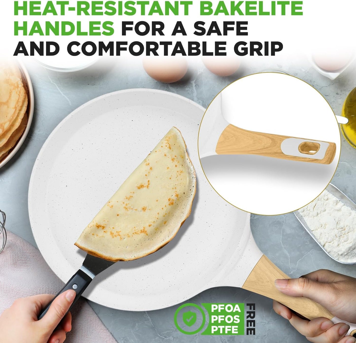 NutriChef 11” Non-Stick Crepe Pan with Wooden Spreader, Durable Marble Coated Dosa Pan, Bakelite And Wood Handle With Induction Bottom, Easy-to-Clean, Stain-Resistant (White Cream Marble)