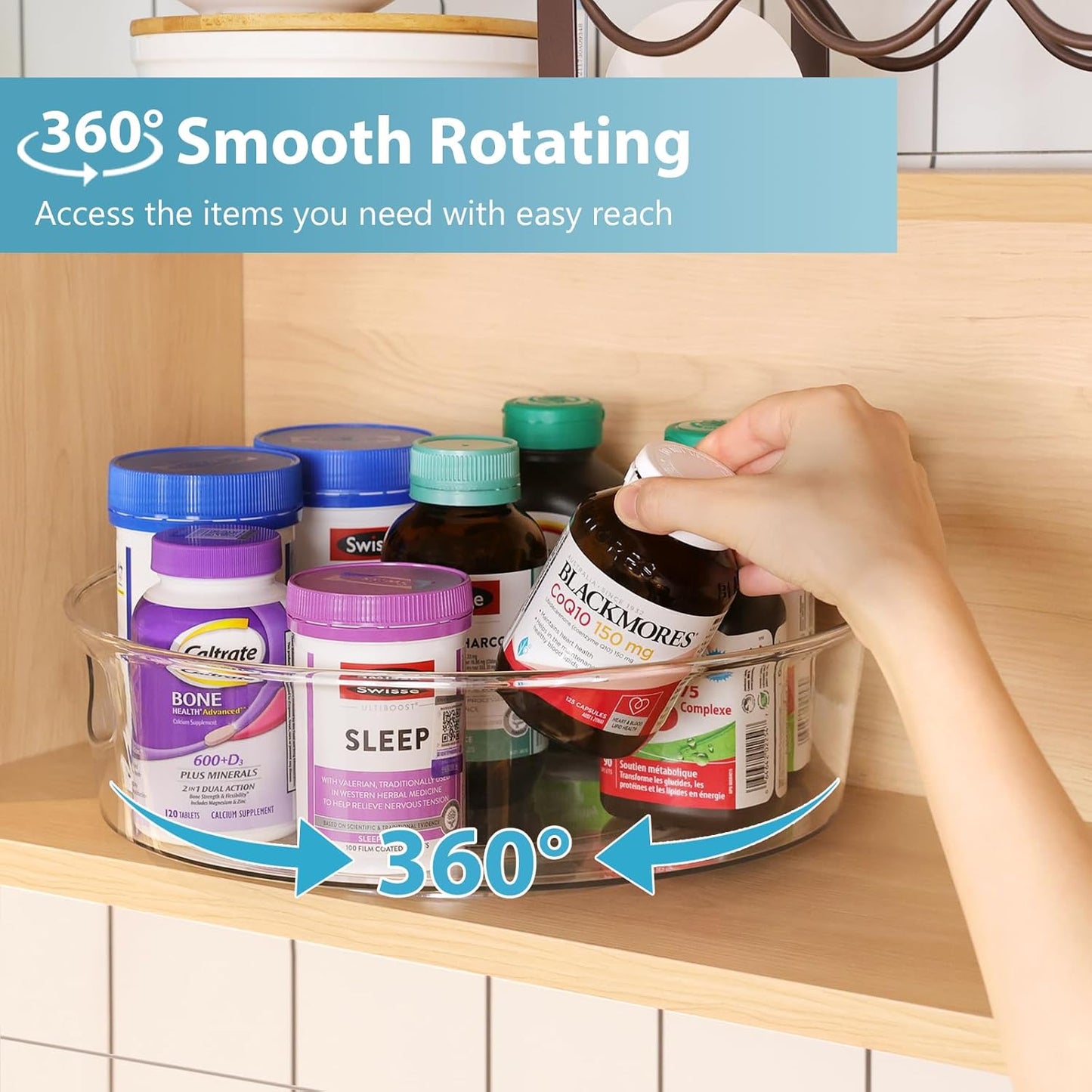 GUZON 4 Pack Lazy Susan Organizer with Handles, 12 Inch Large Lazy Susan Turntable for Cabinet, Clear Rotating Organizer for Kitchen, Pantry, Dresser, Refrigerator, Bathroom, Table, Fridge, Countertop