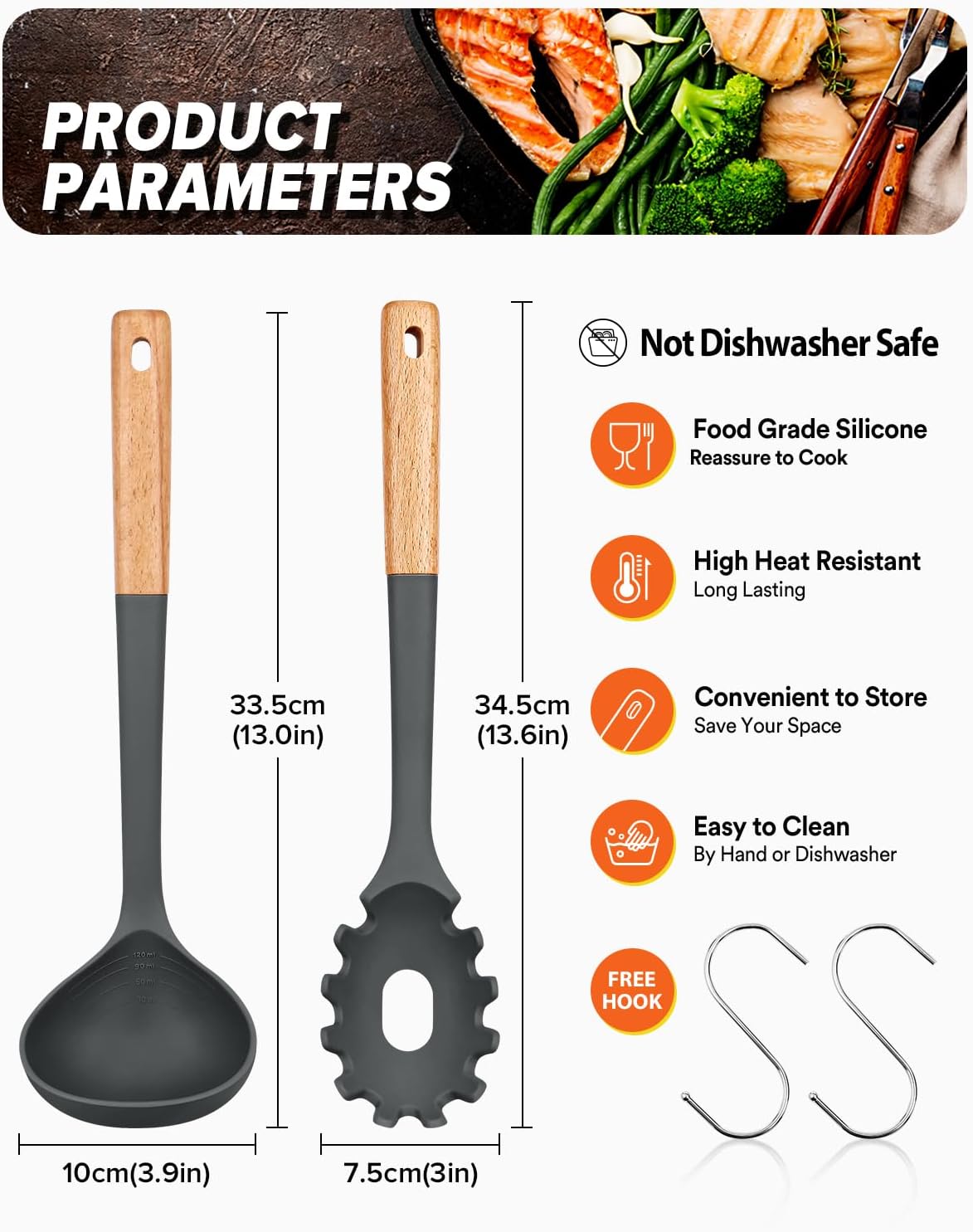 Pasta Fork and Ladle Set, Perfect for Serving Hot Soup, Stirring, and Sauce Pasta, BPA-Free Matte Silicone, Wood Handle Spaghetti Spoon for Nonstick Cooking Surfaces (Grey)