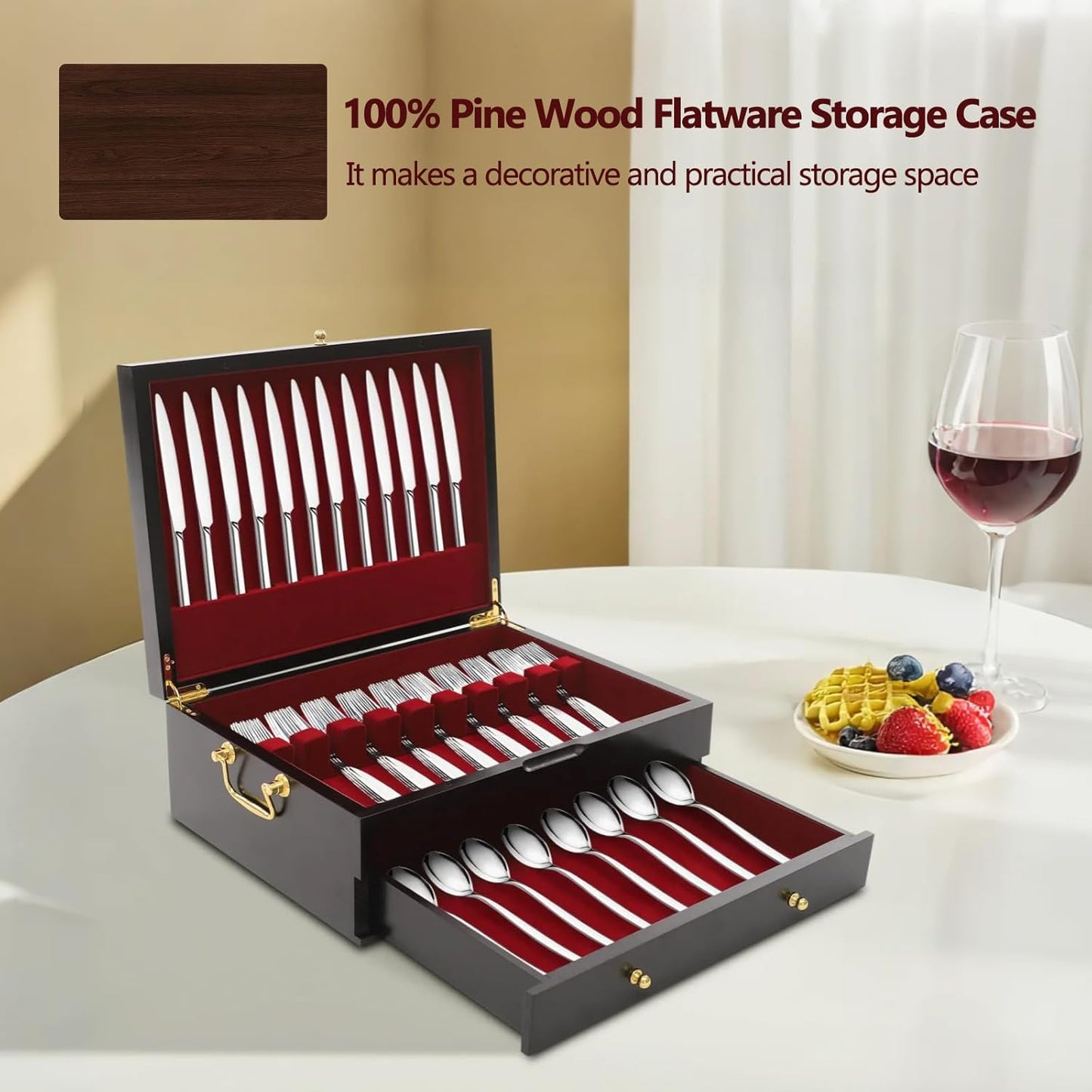 JOMCYDM Wooden Silverware Storage Box 2 Layers Silverware Chest Case with Drawer with Handle Lid Flatware Organizer for Kitchen Dining Room