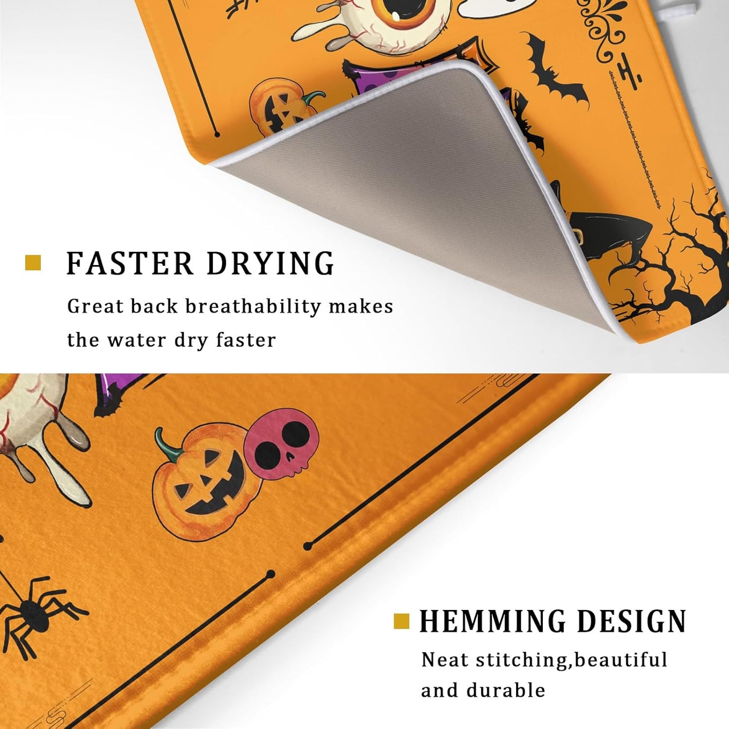 Halloween Home Dish Drying Mat Orange Washable Microfiber Drying Pad for Holiday Decoration