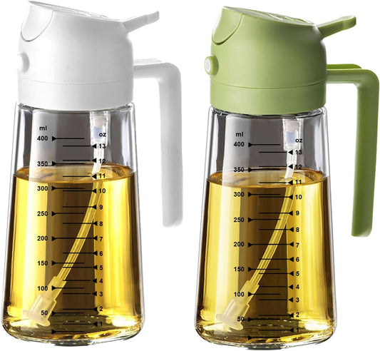 TrendPlain 16oz/470ml Glass Olive Oil Sprayer for Cooking – 2 in 1 Olive Oil Dispenser Bottle for Kitchen Gadgets and Air Fryer Accessories, Salad, BBQ - White & Green