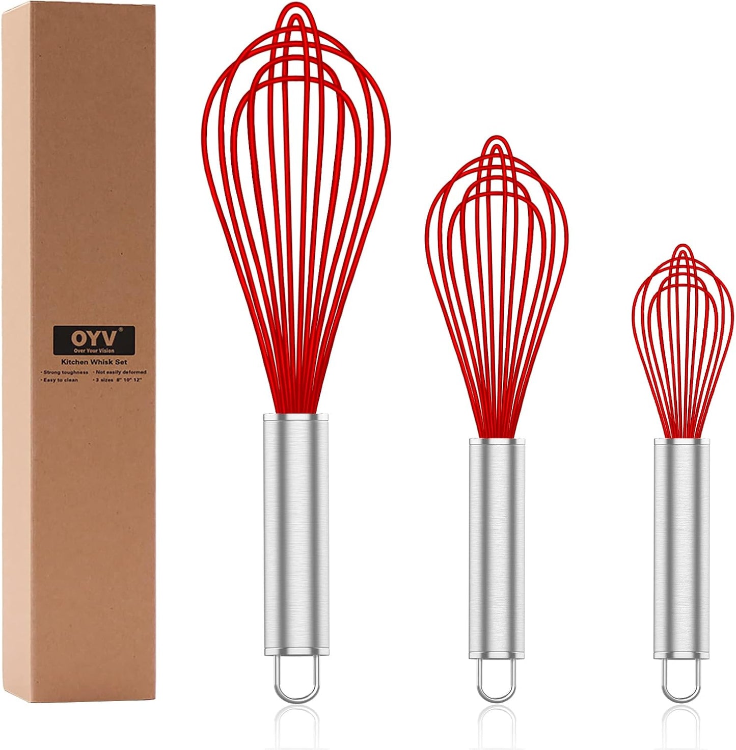 Silicone Rubber Whisk,Premium Whisks For Cooking Non Scratch,Stainless Steel & Silicone Wisk For Nonstick Cookware Pans, High Heat Resistant kitchen Whisks set of 3,Red