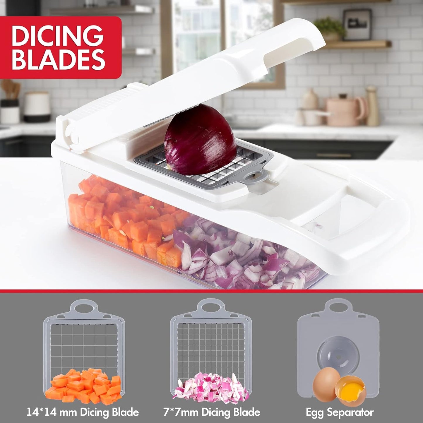 Ourokhome Vegetable Chopper Onion Cutter, 12 in 1 Professional Mandoline Slicer for Kitchen, Multifunctional Food Chopper for Potato, Tomato, Veggie with Strainer Basket, 8 Blades, White