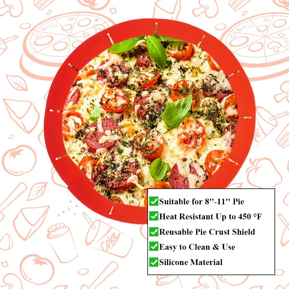 Adjustable Pie Crust Shields, Silicone Baking Protectors, Cover Ring Tools Fits 8-11.4 Inch Pies, Baking Pie Pizza Crust Shield Protector Cover for Edges ﻿ (Red)