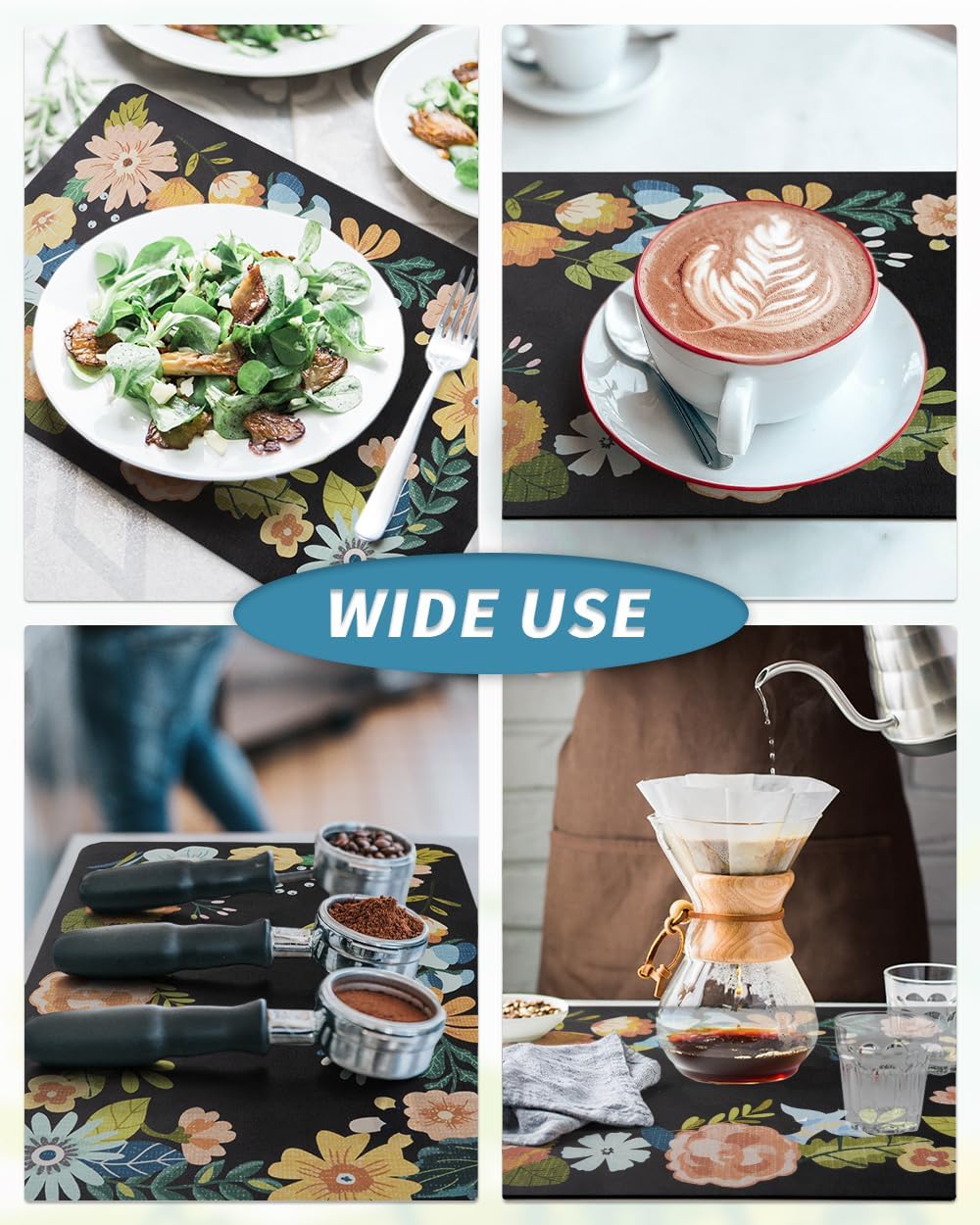AMOAMI Coffee Mat Hide Stain Rubber Backed Absorbent Dish Drying Mat for Kitchen Counter - Fits Under Coffee Maker or Machine - Floral BLACK 17x31.5