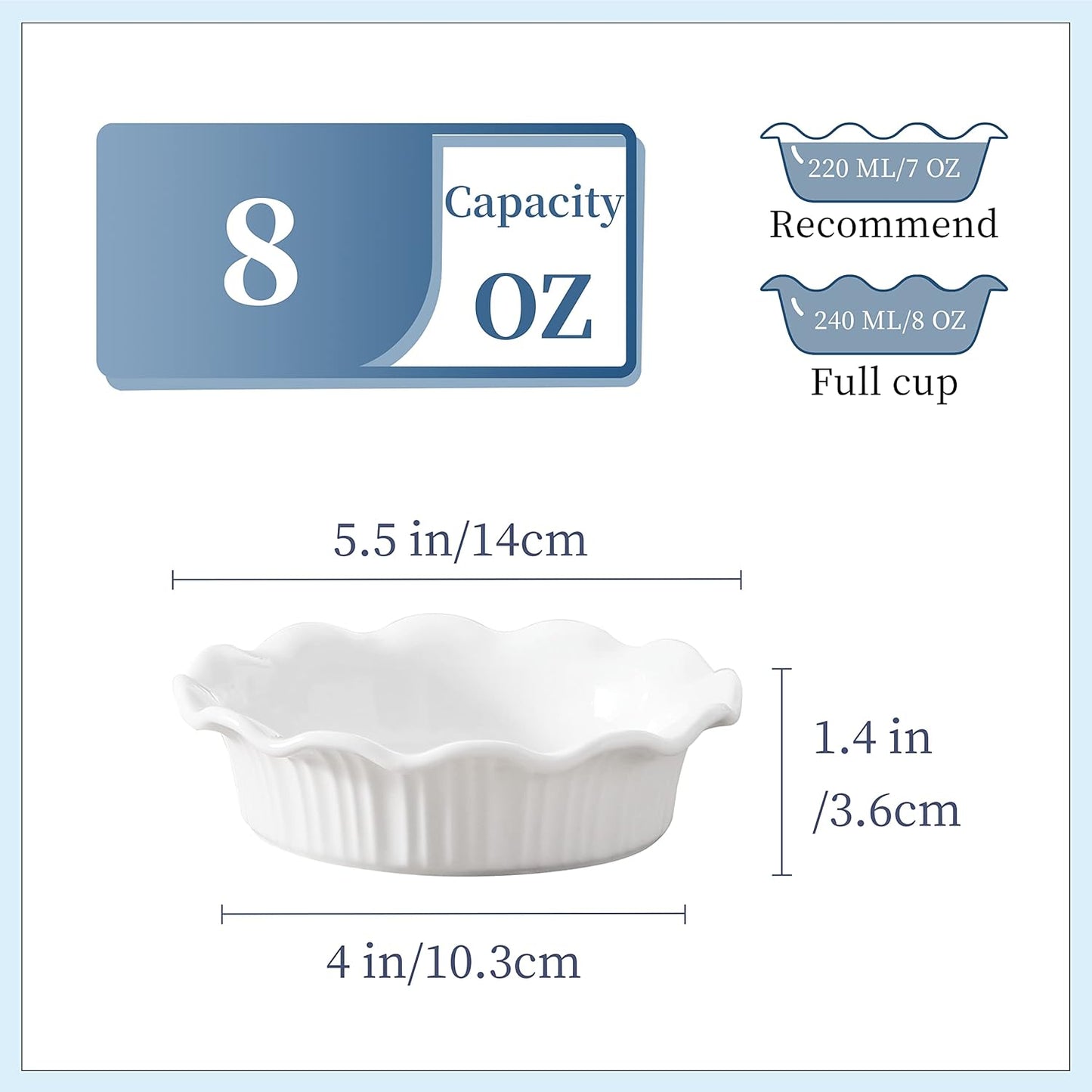 LOVECASA Ceramic Mini Pie Pans Set of 6-5.5 Inch Oven Safe Small Pie Dishes, Nonstick Mini Pot Pie Baking Tins for Chicken Pot Pie, Tarts, Quiches & Desserts, Stackable Ruffled Rims, White