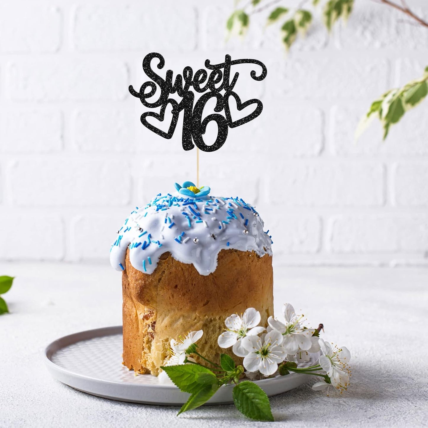 Gyufise 1Pc Sweet Teenager 16 Cake Topper Glitter 16th Birthday Cake Pick for Cheers to 16 Years Old 16th Birthday Party Cake Decorations Supplies Black