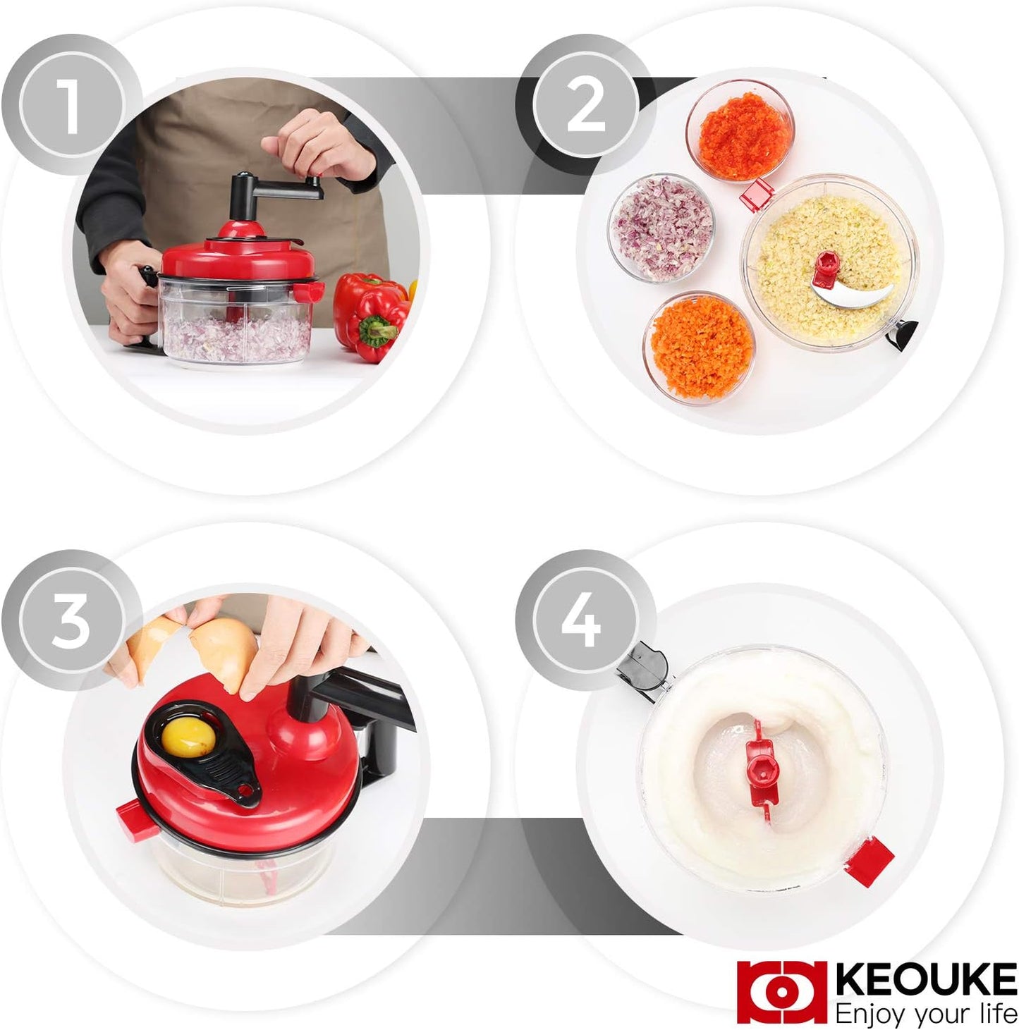 KEOUKE Hand Crank Food Chopper Red - Manual Food Processor with Egg Separator, Labor-Saving, Easy to Clean, Large Vegetable Mixer Blender for Onion, Garlic, Salad, Salsa, Nuts, Meat, Fruit, etc