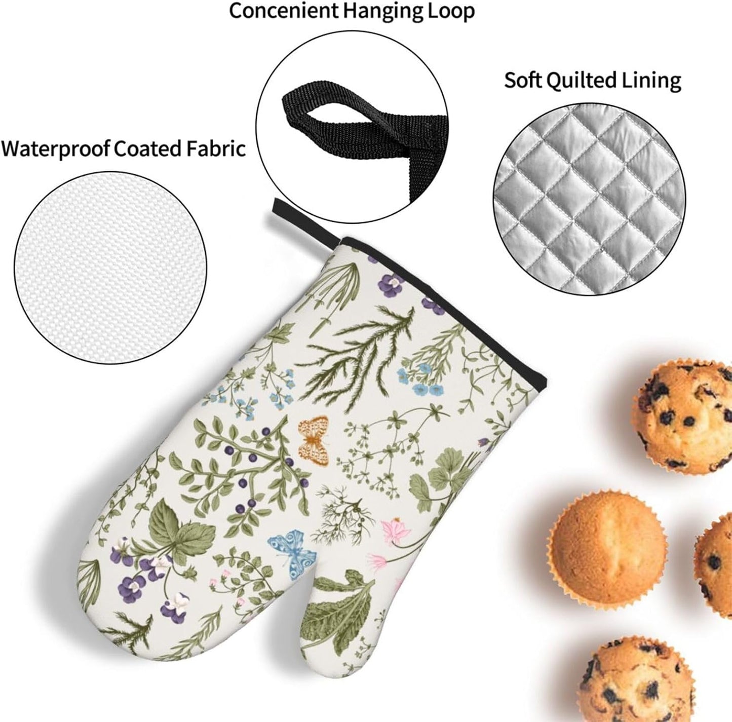 Vintage Floral Oven Mitts and Pot Holders Sets of 3 Cute Botanic Hot Pads Herbs and Wild Flowers Oven Gloves Heat Resistant Washable for Kitchen Cooking Grilling Baking