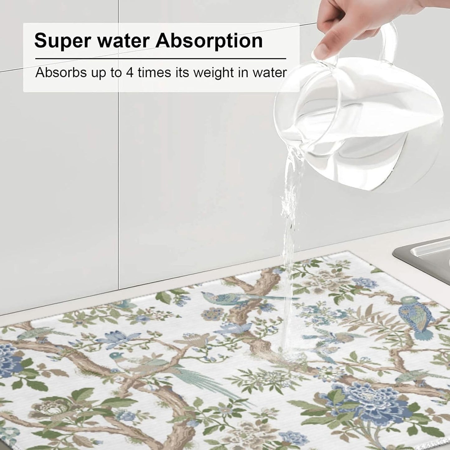 Floral Bidrs Dish Drying Mat 18x24 for Kitchen Counter, Blue Green Chinoiserie Decorative Absorbent Coffee Mat Dish Drying Pad Coffee Bar Dish Drainer Rack Mat Drainer Mat