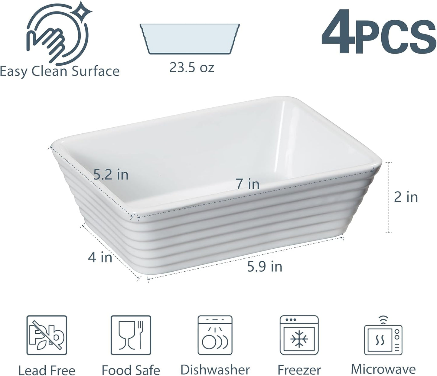 ONEMORE Small Baking Dish, Rectangle Ceramic Baking Dish for Oven, Individual Casserole Dishes for Toaster Oven, 5x7 Small Deep Lasagna Baking Dish, Oven Safe, 1-2 Person Baking Dishes Set of 4, White