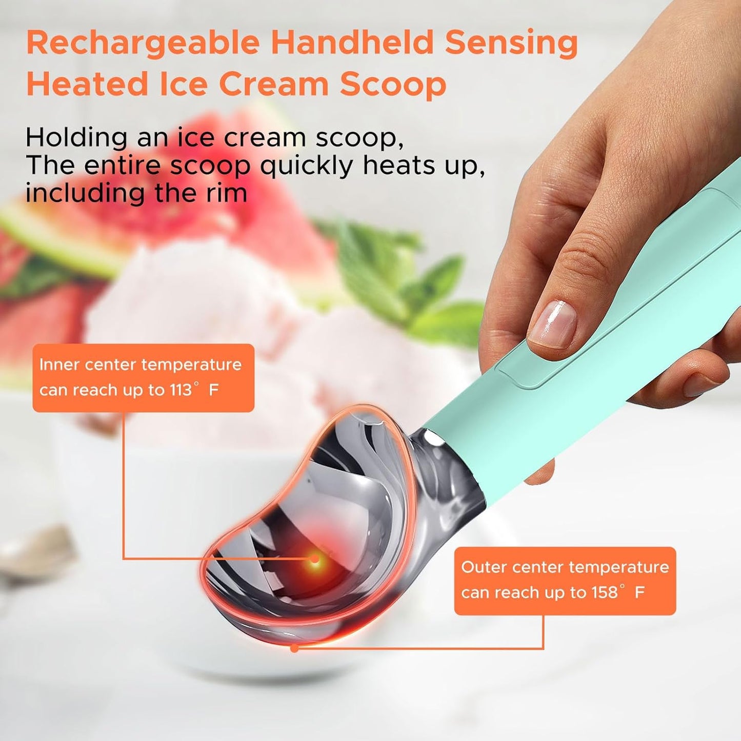 NEWEST Heated Ice Cream Scoop, Rechargeable Electric Warming Scooper with LED Display, Heats to 158°F for Hard Ice Cream, IP67 Waterproof, Easy for Seniors & Kids (Blue)