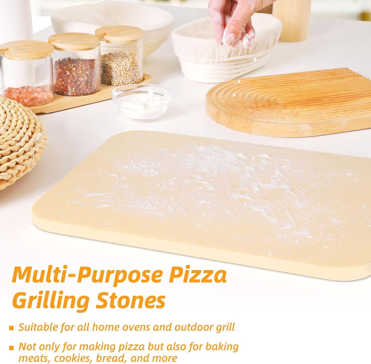 GOFOWEK Pizza Stone 5 PCS Set, 15 x 12" Large Rectangle Pizza Stone Set for Oven and Grill with Metal Pizza Peels & Cutter Rocker, 0.6'' Thickened Stone Pizza Pan, Baking Stone for Pizza, Bread