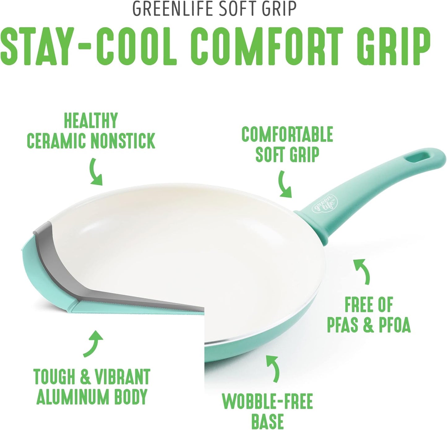 GreenLife Soft Grip 16 Piece Cookware Set, Non-Toxic PFAS-Free Ceramic Nonstick, Pots, Frying, Sauce, Saute, Glass Lids, Stay-Cool Handles, Wobble Free Bases, Dishwasher & Oven Safe, Turquoise