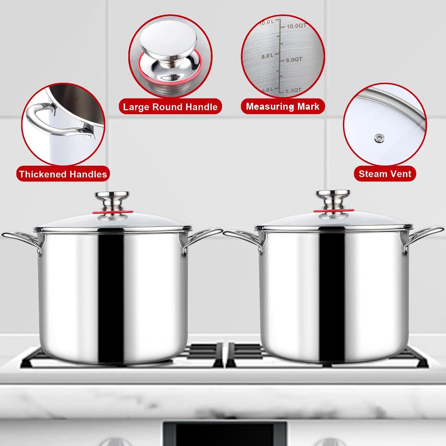 LIANYU 12 QT Stock Pot with Lid, 12 Quart Deep Tall Large Soup Pot for Cooking, Stainless Steel Tri-Ply Heavy Duty Large Stockpot, Nonstick Induction Stockpot with Measuring Mark&Glass Lid