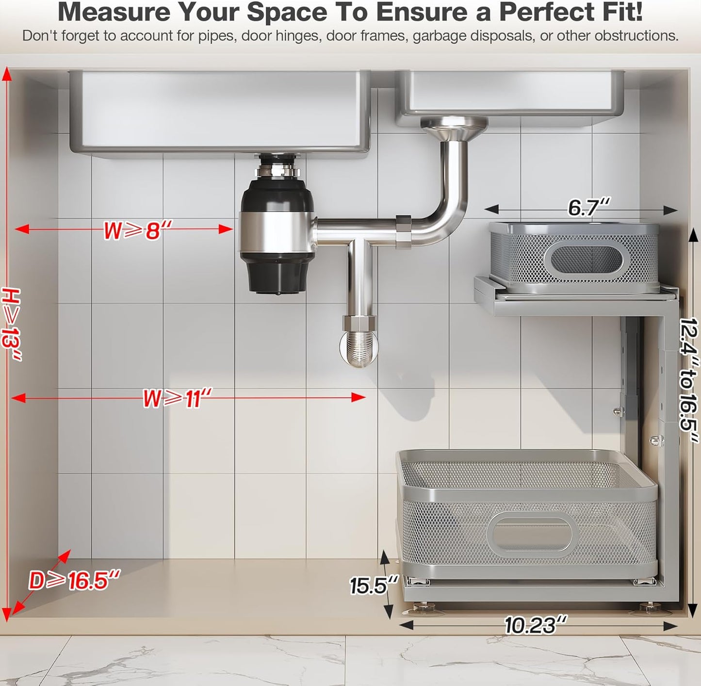 1 Pack 15.5IN-Depth Under Sink Organizer With Next-Gen Ball-Bearing Slides,2-Tier Precision Mesh Pull Out Cabinet Storage for Bathroom&Kitchen,Height Adjustable Drawers Shelf,Anti-rust-Grey