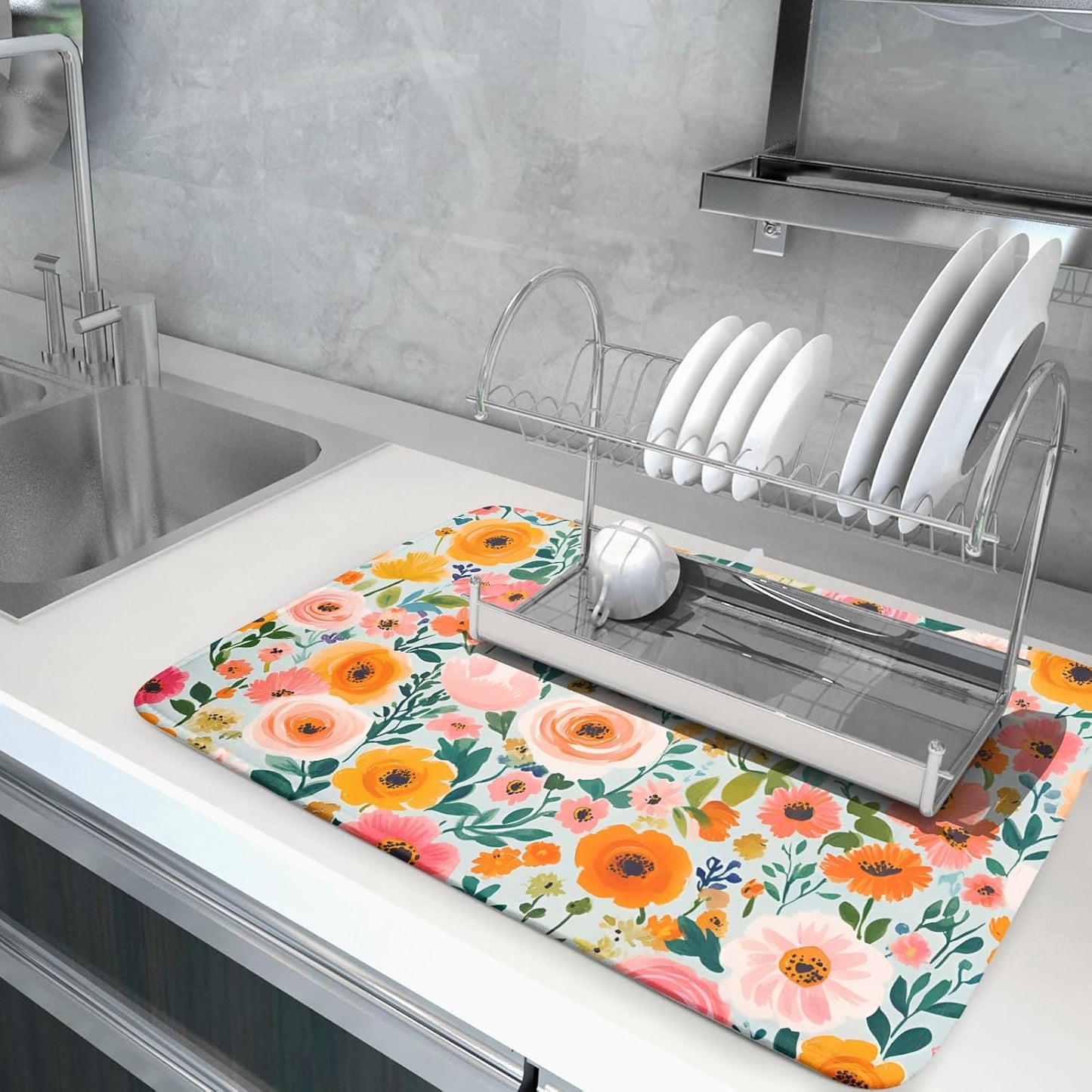 Watercolor Flower Dish Drying Mat - Pink Floral Drying Mat for Kitchen Counter 18 X 24 In