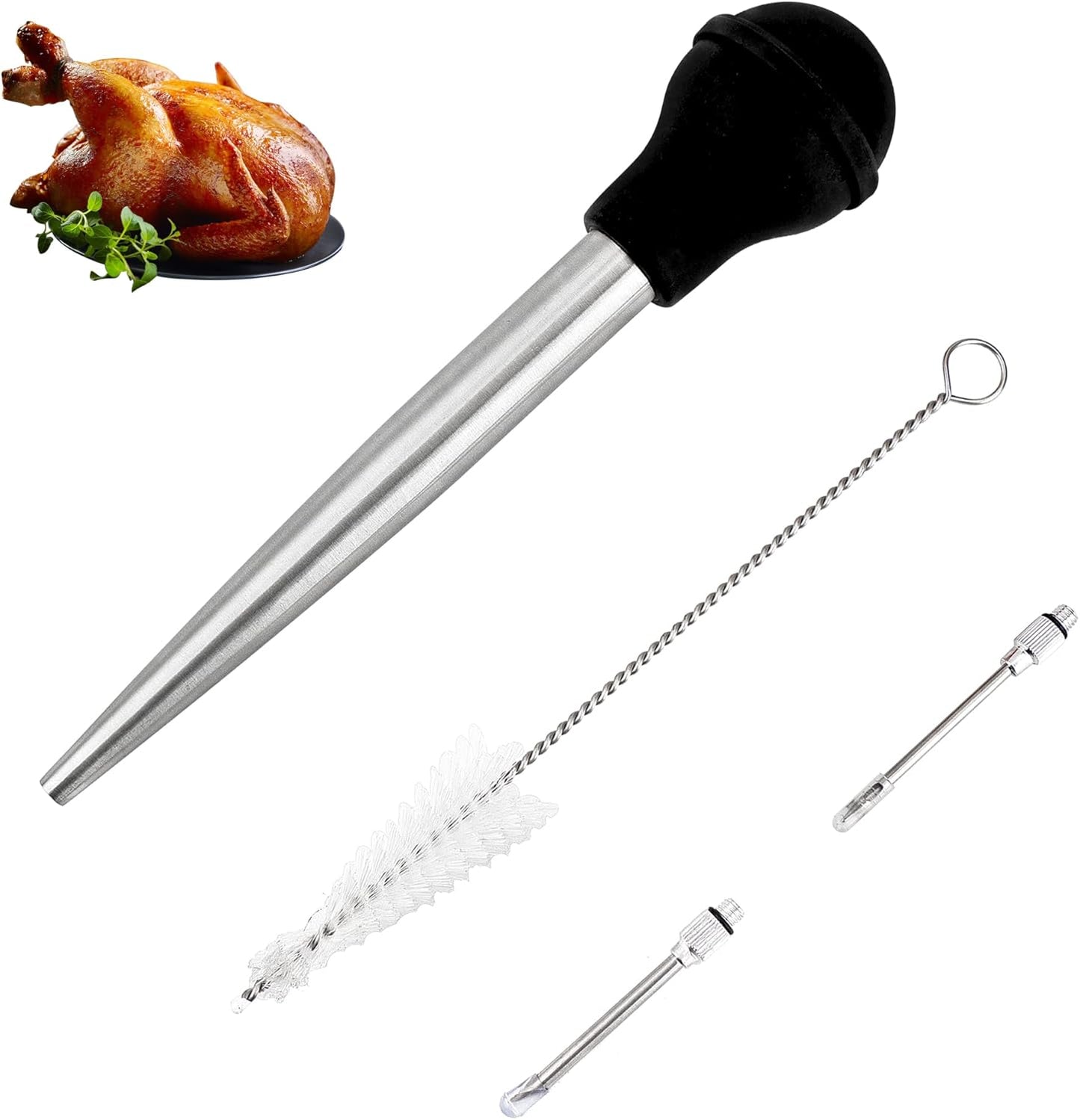 Turkey Baster Syringe for Cooking, Large Stainless Steel Meat Injector, with Cleaning Brush and 2 Marinade Needles, Black
