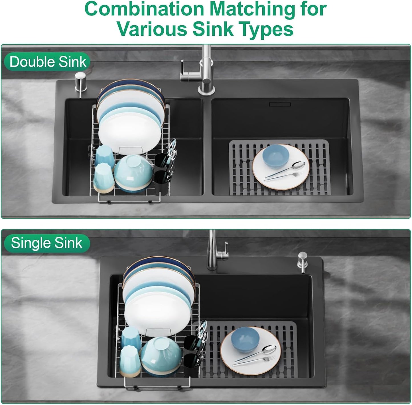 GSlife in Sink Dish Drying Rack - Stainless Steel Capacity Expandable Dish Drainer with Sink Protector, 10.8–17.9" L x 12.8" W, Silver