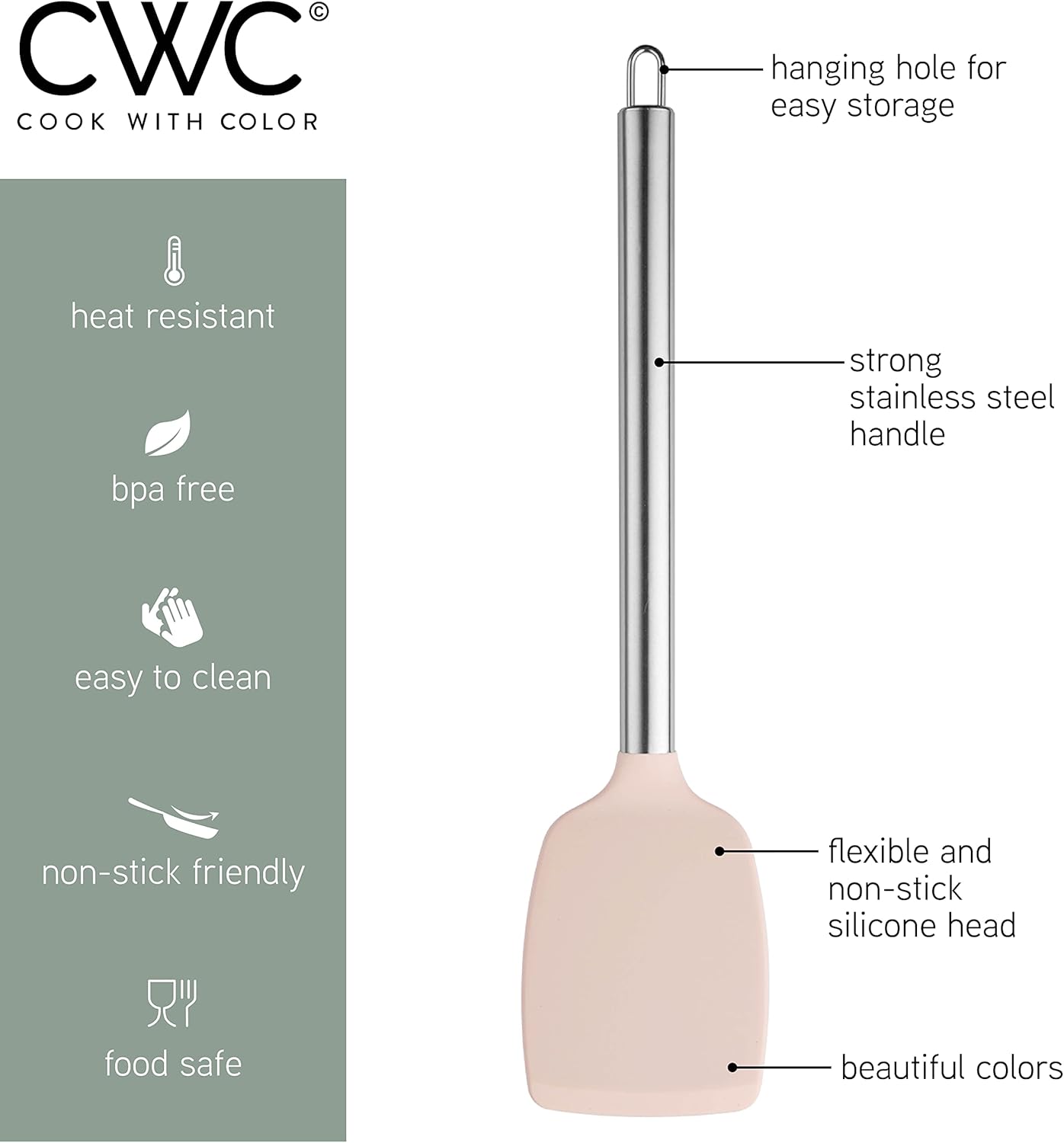 COOK WITH COLOR Silicone Cooking Utensils, Kitchen Utensil Set, Easy to Clean Silicone Kitchen Utensils, Cooking Utensils for Nonstick Cookware, Kitchen Gadgets Set, 5 Pieces, Mint