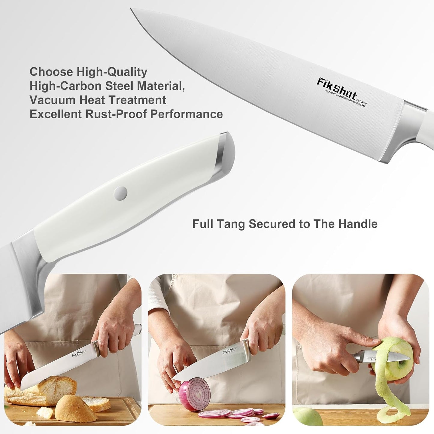 Knives Set for Kitchen, FIKSHOT 14PCS Kitchen Knife Set with Block, High Carbon Stainless Steel Full Tang Knife Sets Razor-Sharp Blade Professional Chef's Knife for Housewarming (WHITE)