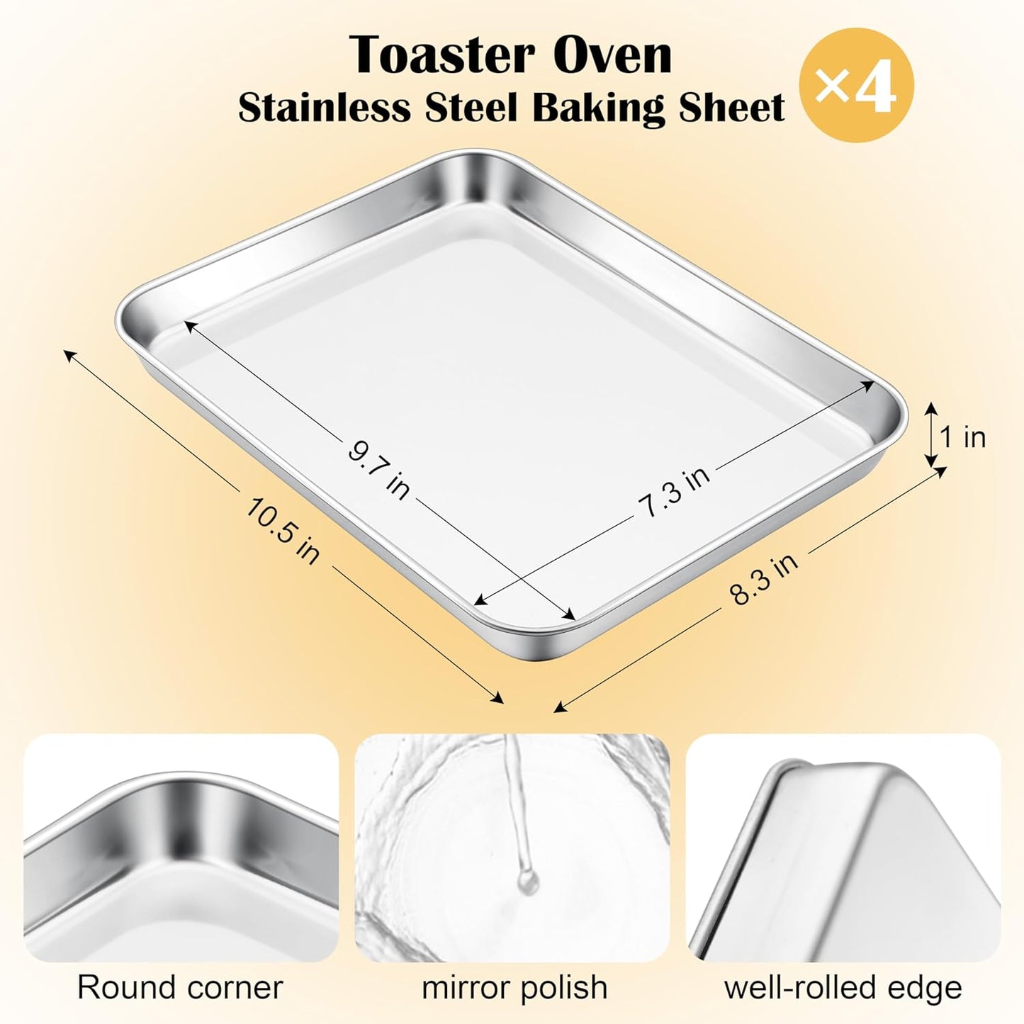E-far Small Baking Sheet Set of 4, 10.5”x8.3” Stainless Steel Cookie Sheets Pans, Compact Non-toxic Metal Toaster Oven Trays for Cake, Healthy & Rust Free, Mirror Finish & Dishwasher Safe