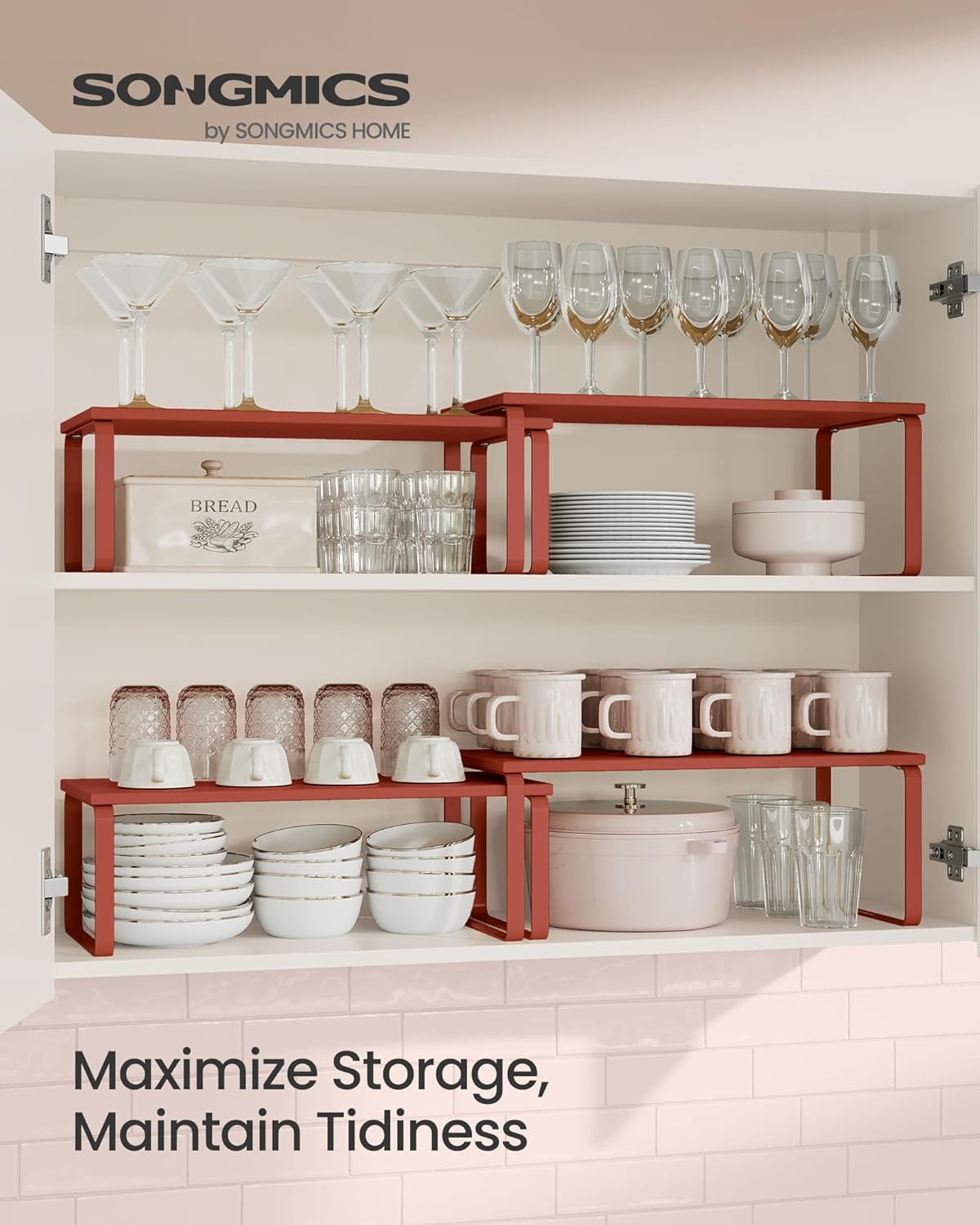 SONGMICS Cabinet Organizer Shelf, Set of 2 Kitchen Counter Shelves, Kitchen Storage, Spice Rack, Stackable, Expandable, Metal and Engineered Wood, Mandarin Red UKCS200Y02