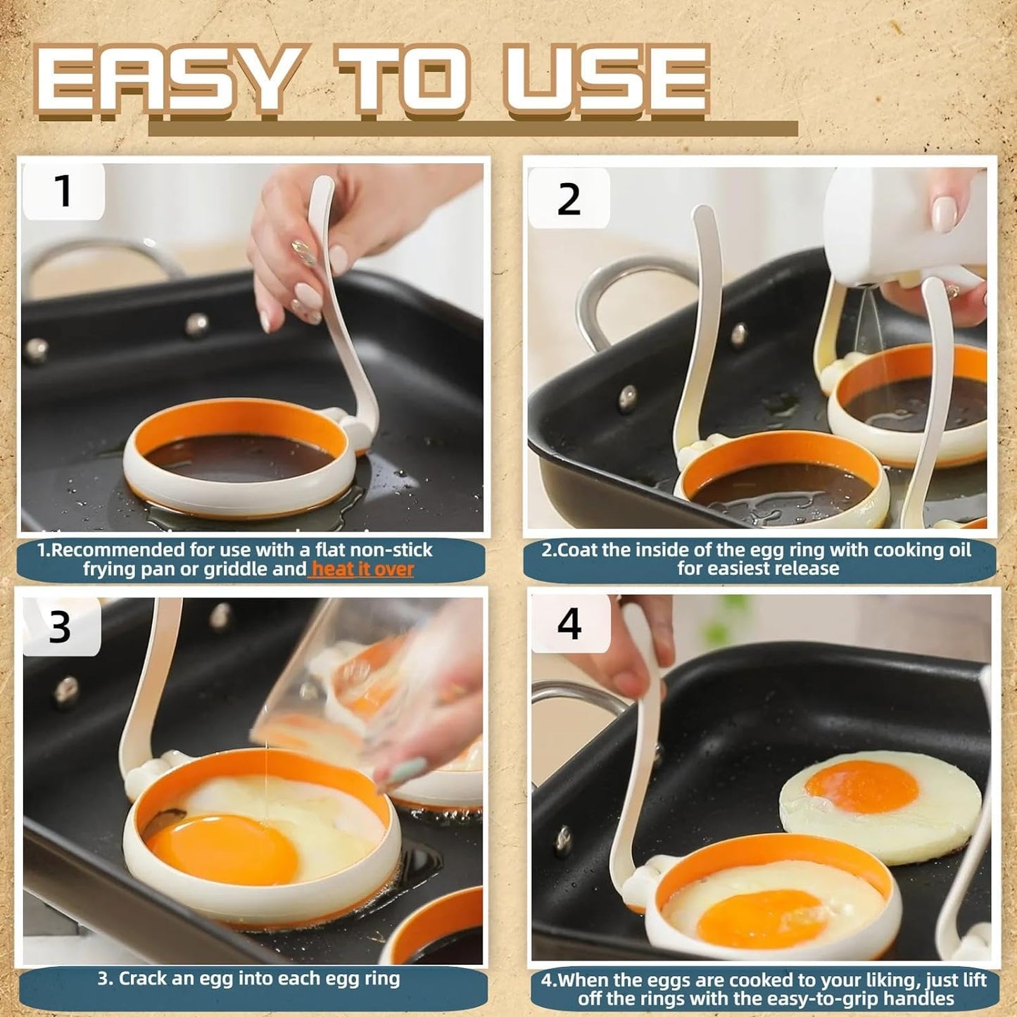 Silicone Fried Egg Cooker Rings Set,Nonstick,Easy to Use&Clean, 4-pack, Round Egg Mold for Cooking Pancake,Breakfast Sandwich, fit McMuffin Biscuit,Griddle Egg Ring for Frying Eggs