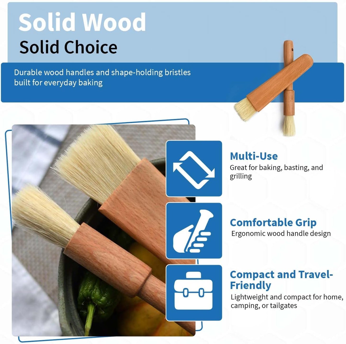 ANGEL’S PEEL LOUNGE Pastry Brush for Baking - Basting Brush with Wooden Handle Flat and Round Heads - Food Brushes for Cooking - Best for BBQ, Egg, Butter, Oil and Sauce – 2 PCS