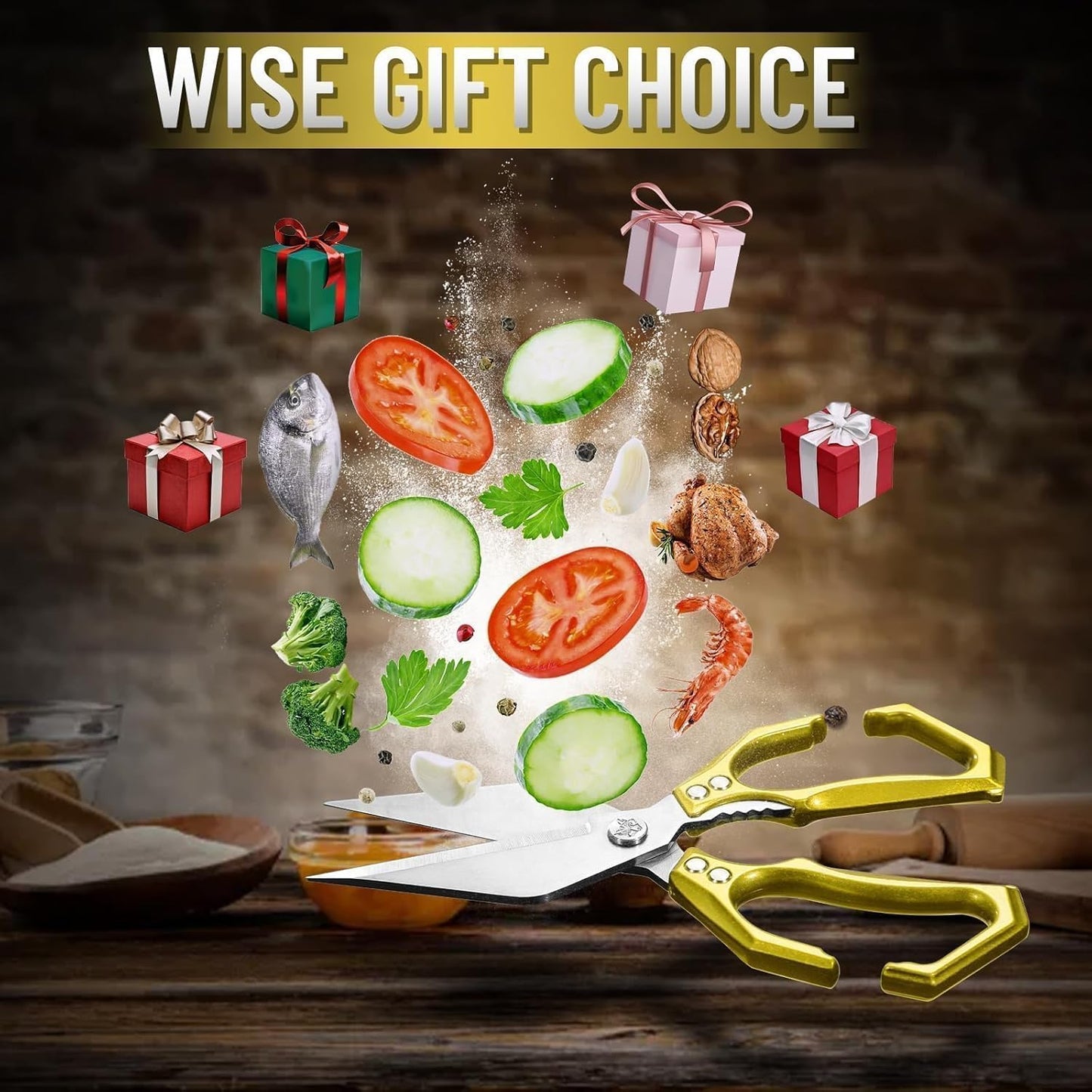 Dream Reach Heavy Duty Poultry Shears Kitchen Scissors for Food with Ergonomic Handle, Japanese High-Carbon Steel Cooking Scissors for Kitchen, Chicken, Meat, Seafood, Bone Cutting (Gold)