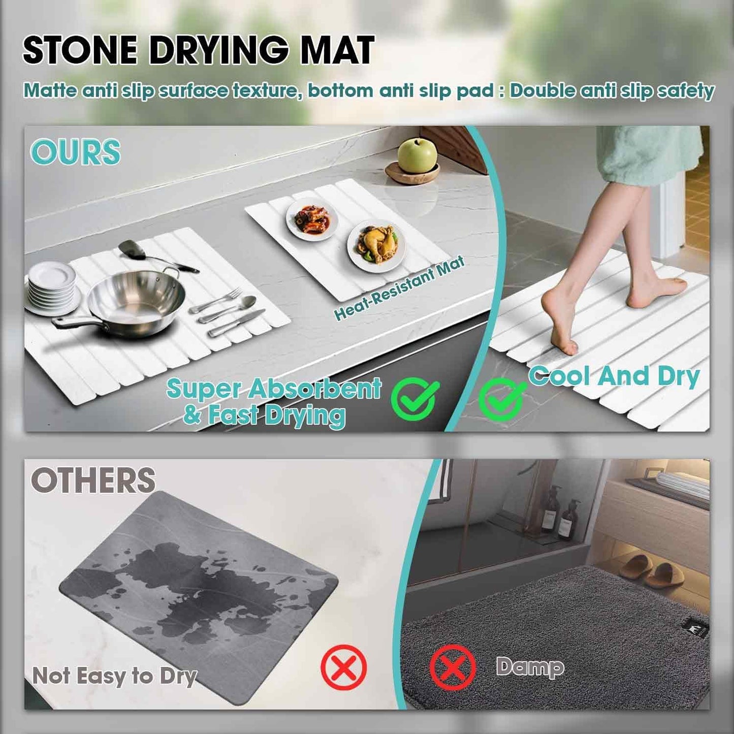 Dish Drying Mat Stone Bath Mat Diatomaceous Earth Stone Drying Mat For Kitchen Counter Sink Bath Mat Quick Dry Non Slip Foldable Dish Drying Rack Mat Large(24"×16" White)