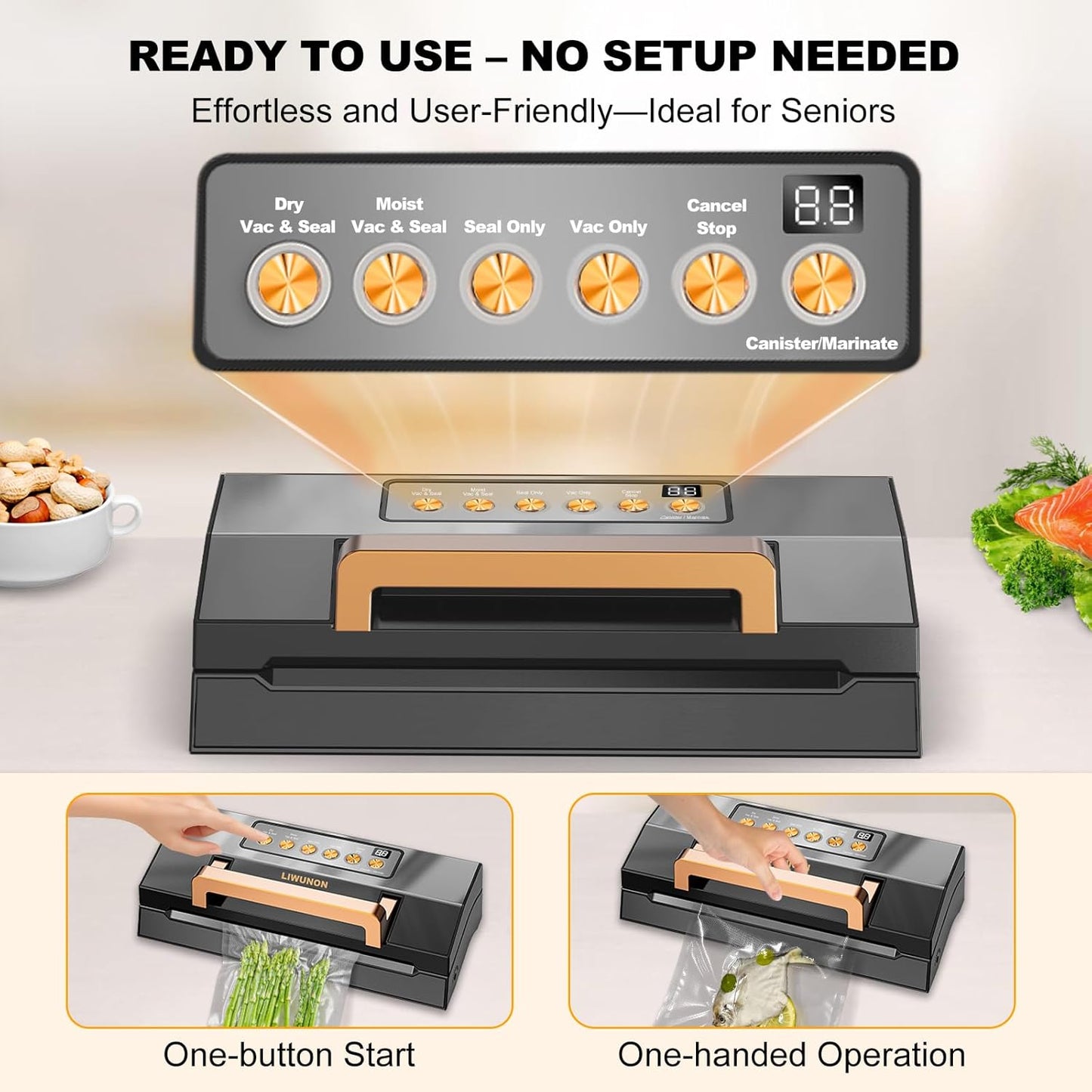 Powerful Suction Vacuum Sealer Machine,Commercial Fully Automatic Food Vacuum Sealer with Double Heat Seal,Dry & Moist Modes,Built-in Cutter,Bags Storage,Easy-Lock Handle,Include 2 Bag Rolls (Black)