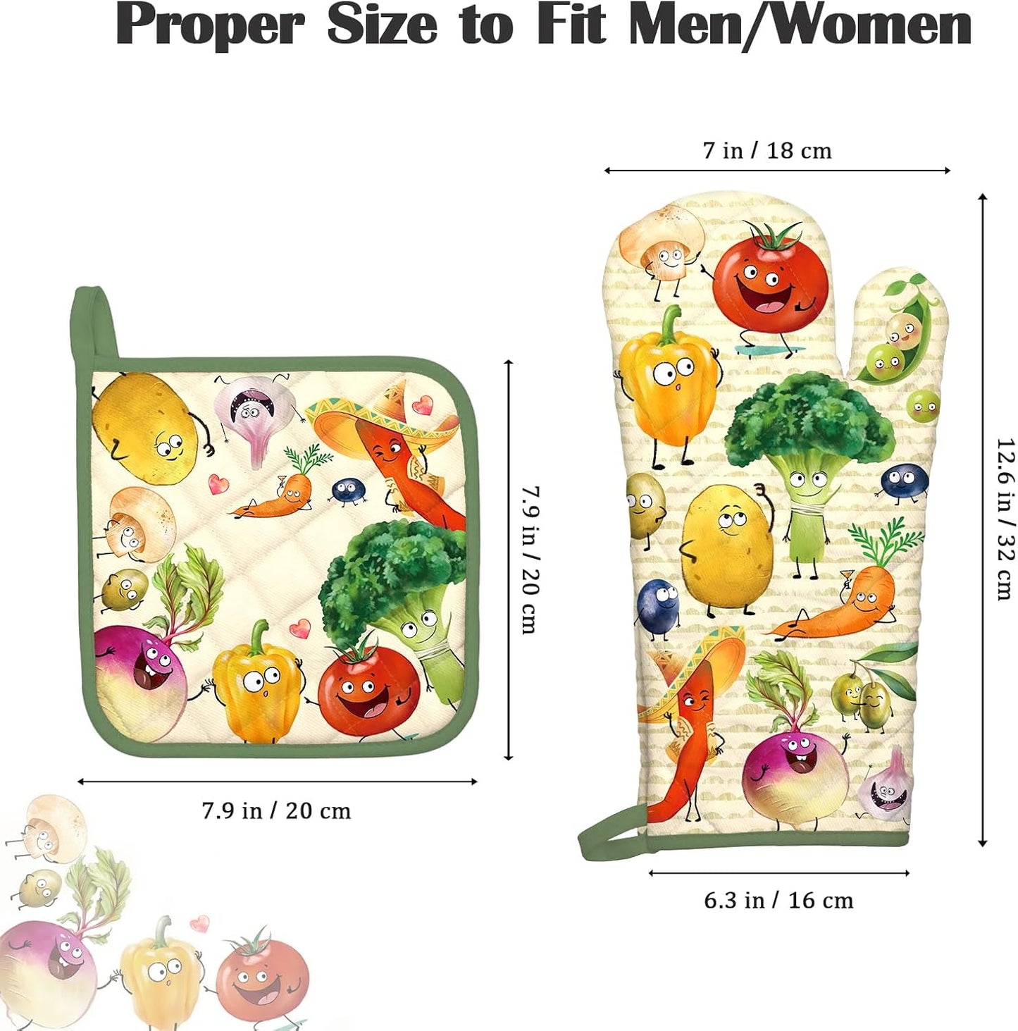 Vegetables Oven Mitts and Pot Holders Sets 2Pcs, 100% Cotton Heat Resistant, Extra Long Oven Gloves Potholder for Kitchen Cooking Baking Decoration