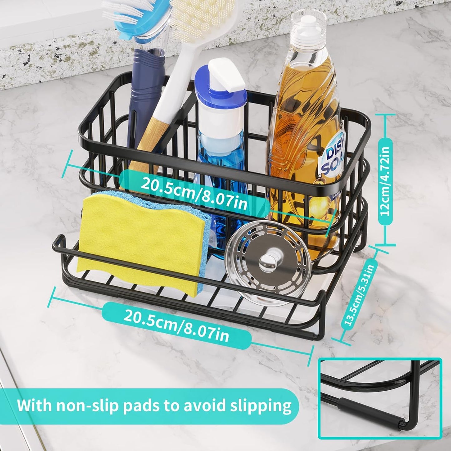HapiRm Kitchen Sink Organizer, SUS304 Stainless Steel Rustproof Multifunctional Sink Caddy with Sponge Holder and Drain Tray for Kitchen Countertop (Black)