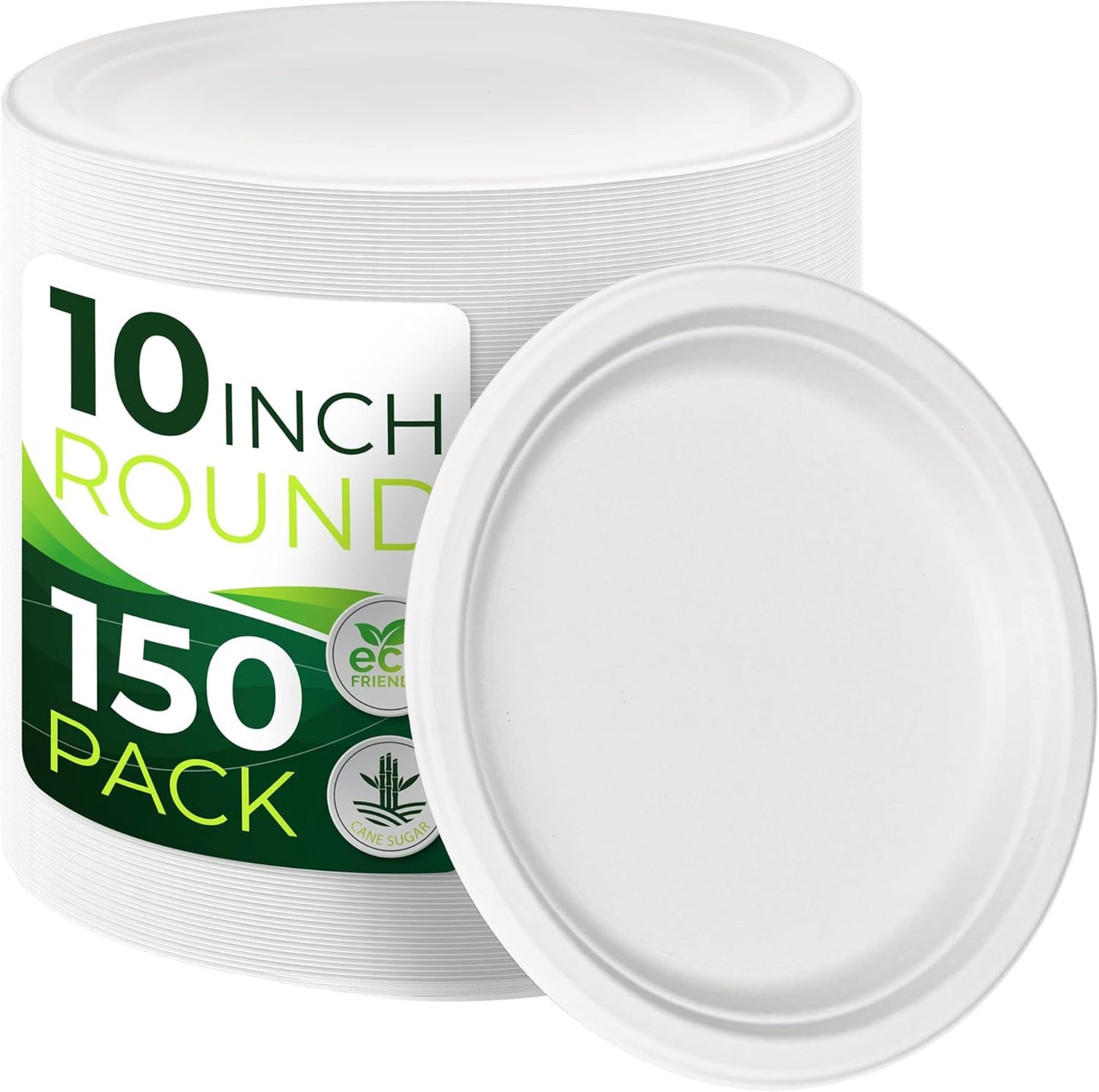150pcs 100% Compostable Paper Plates (10in), Heavy Duty, Eco Friendly, Biodegradable Made of Sugarcane Fiber