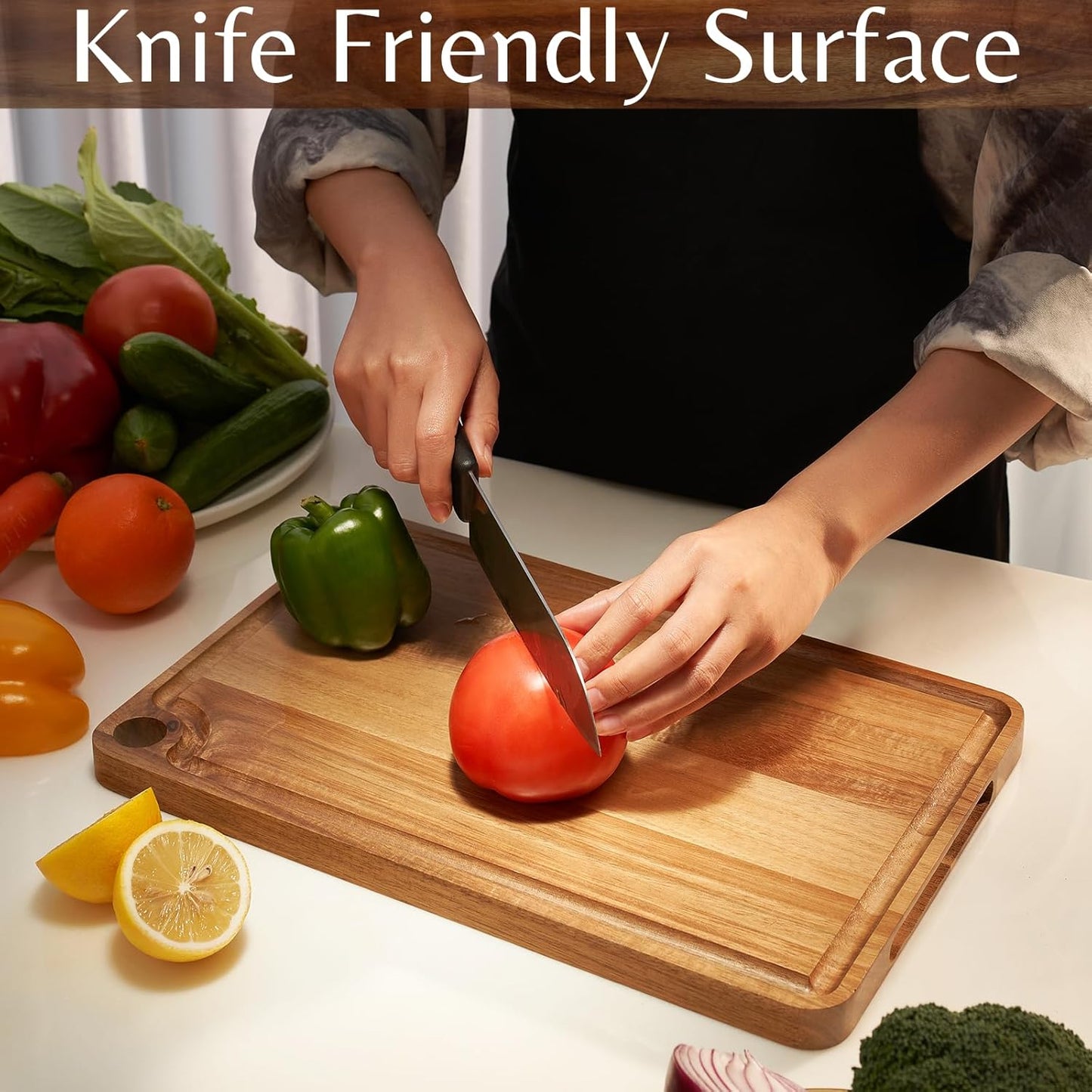 Acacia Wood Cutting Board (10x7x0.8 In.) - Small Mini Wooden Bar Steak and Cheese Chopping Boards for Kitchen with Juice Groove, Tiny Rustic Carving Breadboard for Serving Lime with Handle