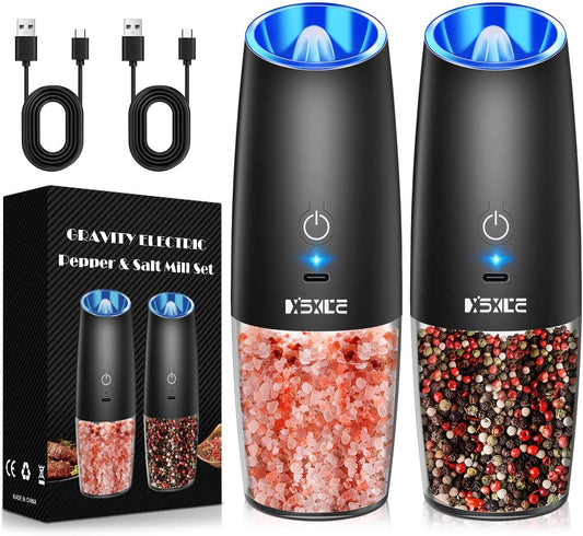 Rechargeable Electric Pepper and Salt Grinder Set, No Battery Needed, whit Gravity Sensing Switch and LED Light, One Hand Automatic Operation, Black 2 Pack