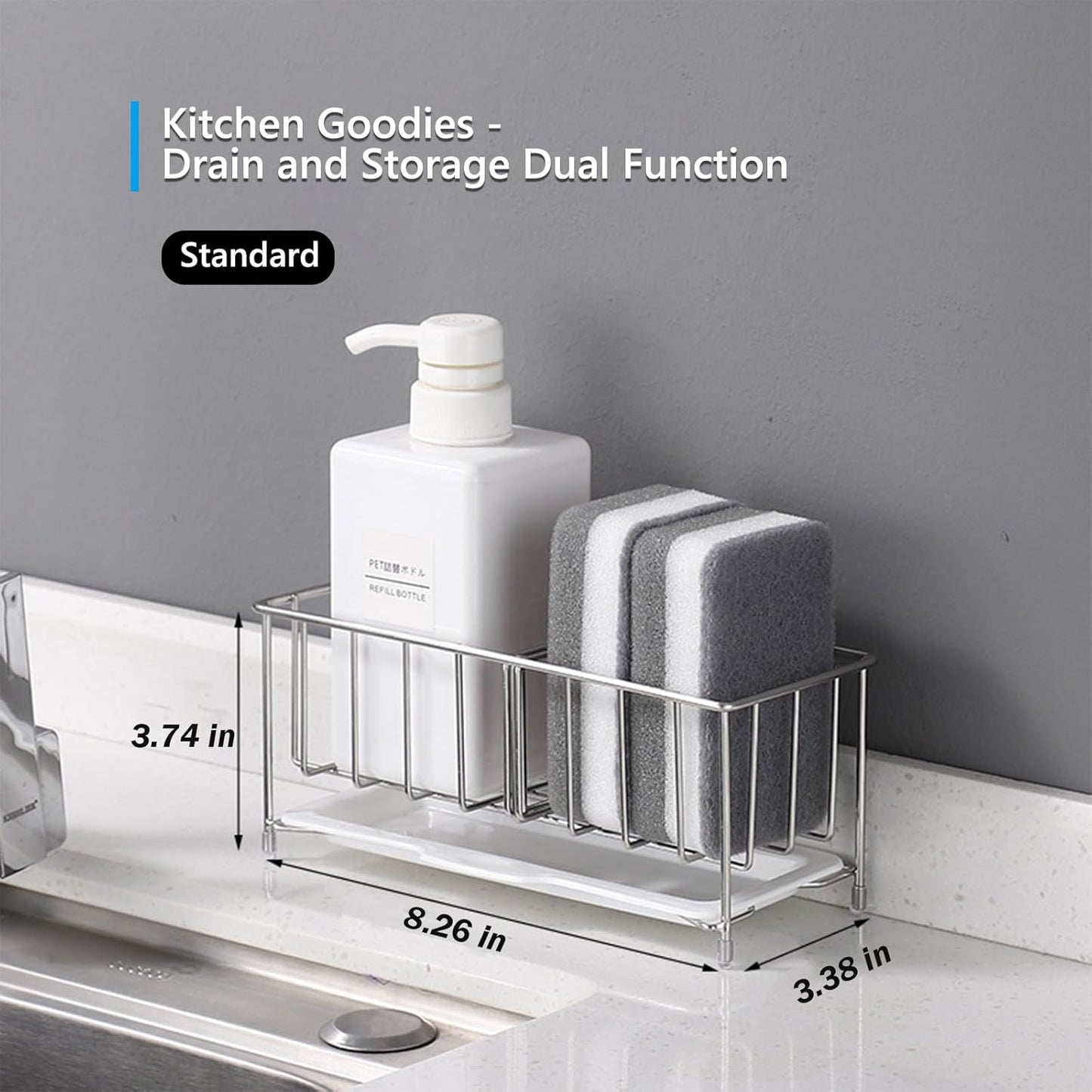 Kavciva Sink Caddy Sponge Holder,304 Stainless Steel Dish Brush Holder,Kitchen Countertop Sink Rack,Dish Soap Holder,Dishwashing Tool Drying Tray with Adjustable Partitions,Essential Kitchen Shelves