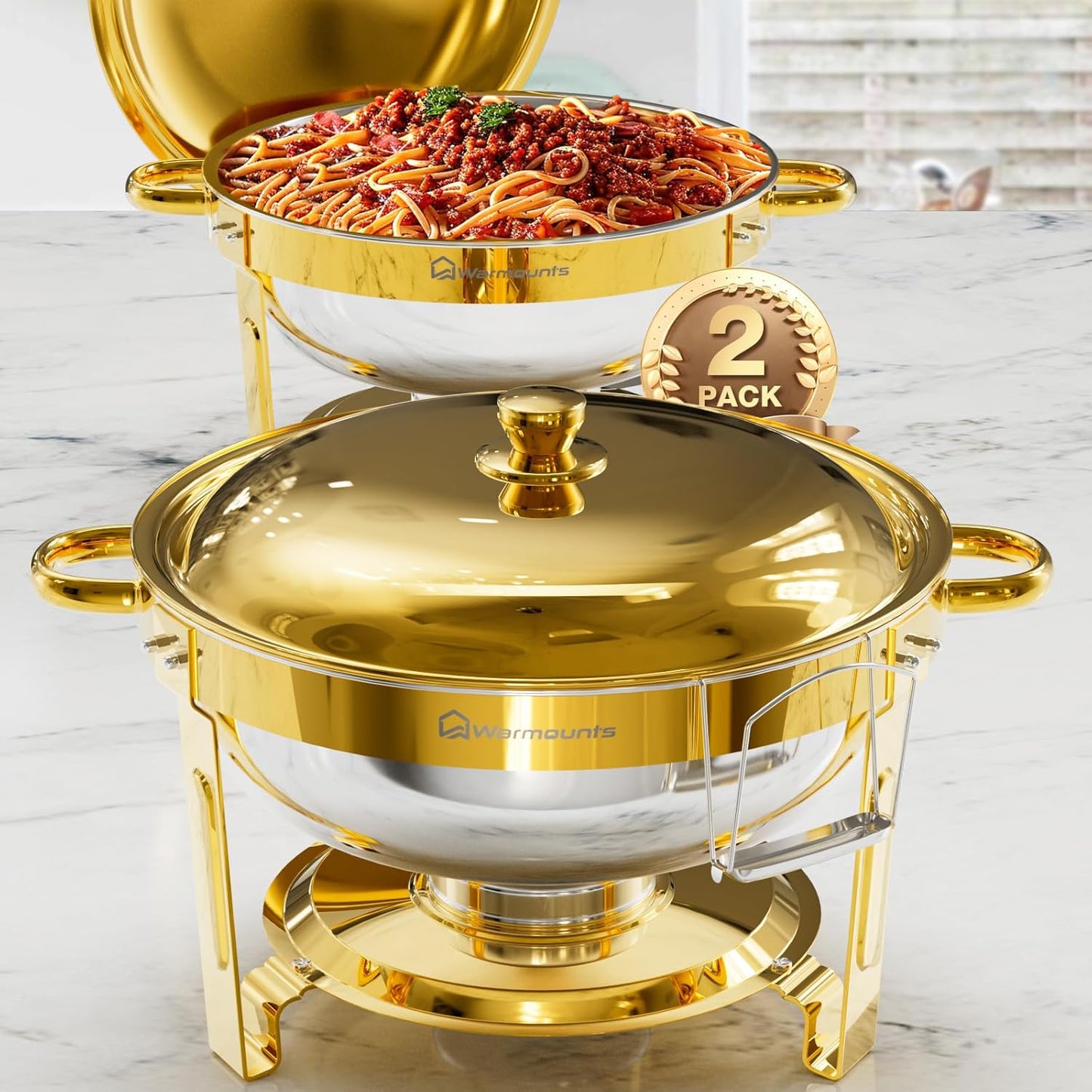 Gold Chafing Dishes for Buffet (5QT, 2 Pack), Round Chafers and Buffet Warmers Sets with Lid Holder, Food-Grade Stainless Steel, Rolled Edge Design, for Catering Events, Parties, Weddings